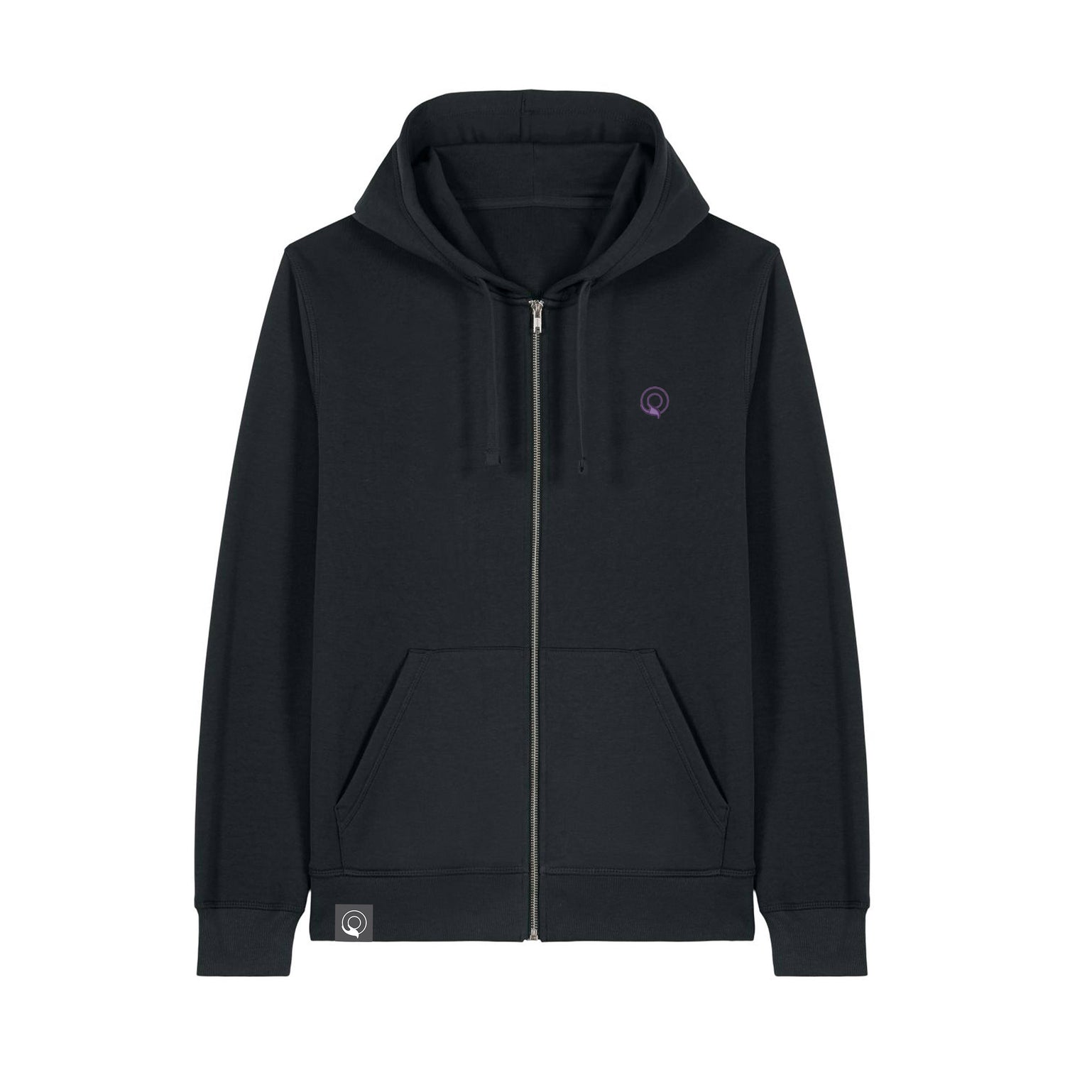 Black EARTH zip hoodie with sustainable materials, full-length zipper, and classic hoodie details, 12 colors
