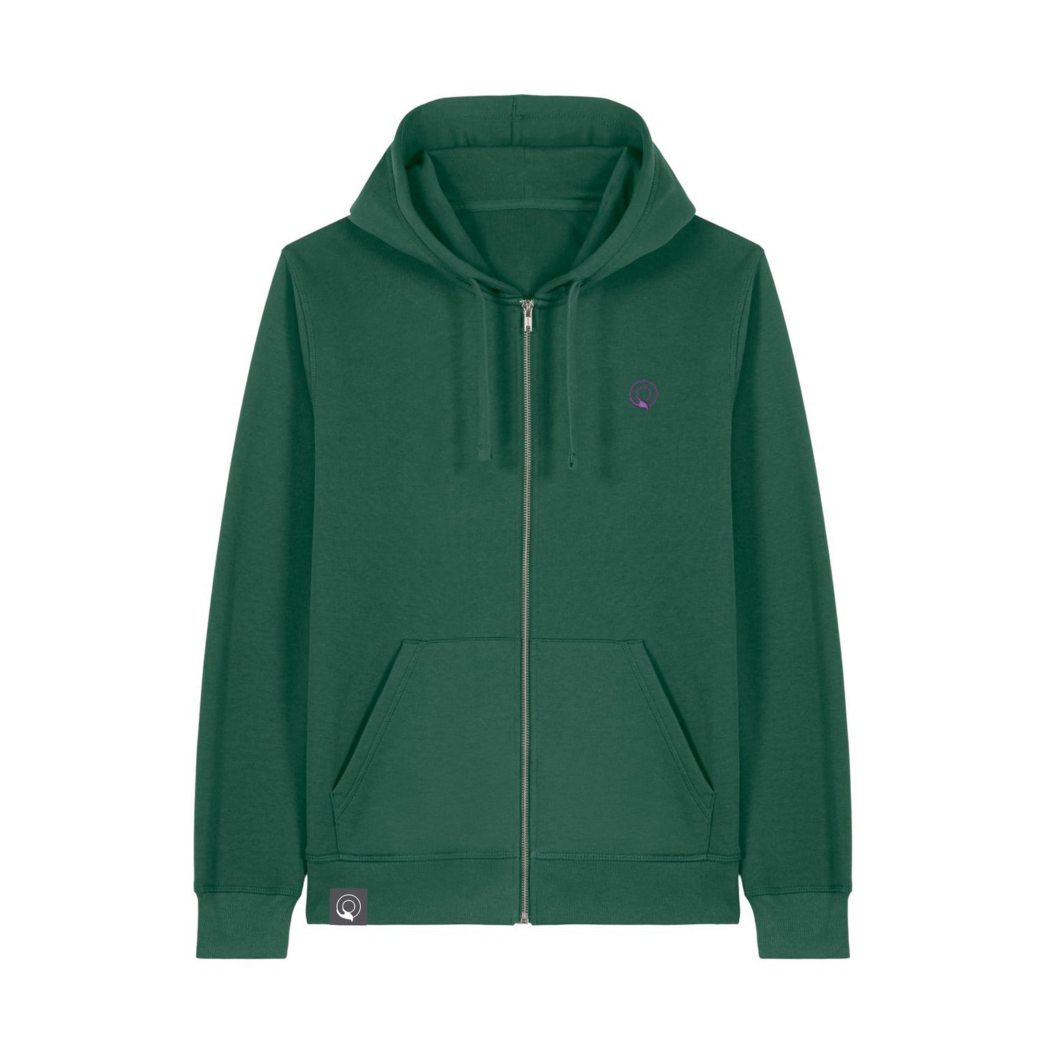 Green unisex sustainable zip hoodie crafted from GOTS organic cotton and GRS recycled polyester, 12 color options