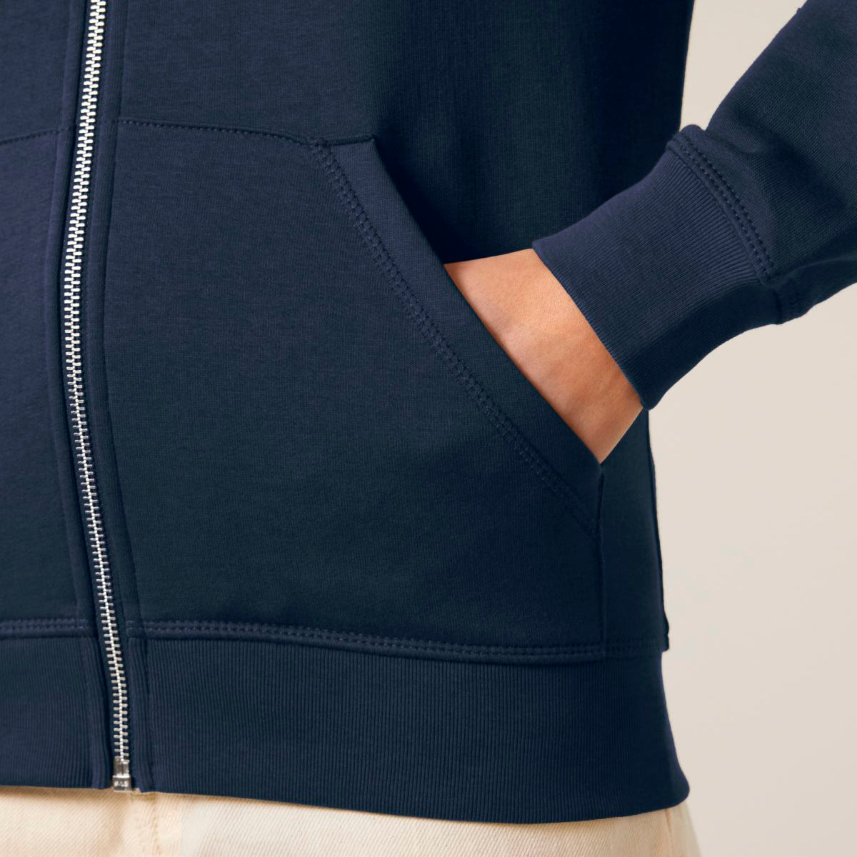 Detail of eco-friendly unisex zip hoodie with kangaroo pocket and metal zipper, made from organic cotton blend, 12 color otions