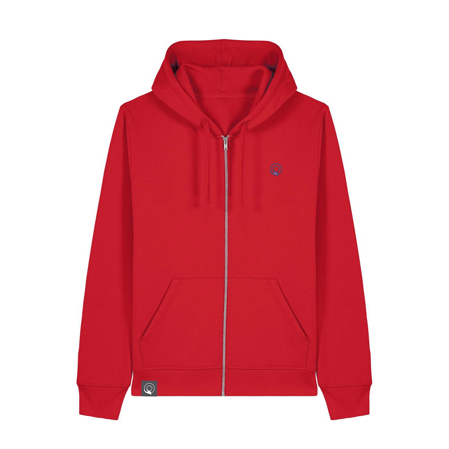 Red vegan and cruelty-free zip hoodie for men and women, organic cotton blend, sustainable everyday wear, 12 colors
