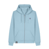 Blauer nachhaltiger Zip Hoodie mit durchgehendem Reißverschluss, Kängurutasche und Kapuze, vegan und tierleidfrei