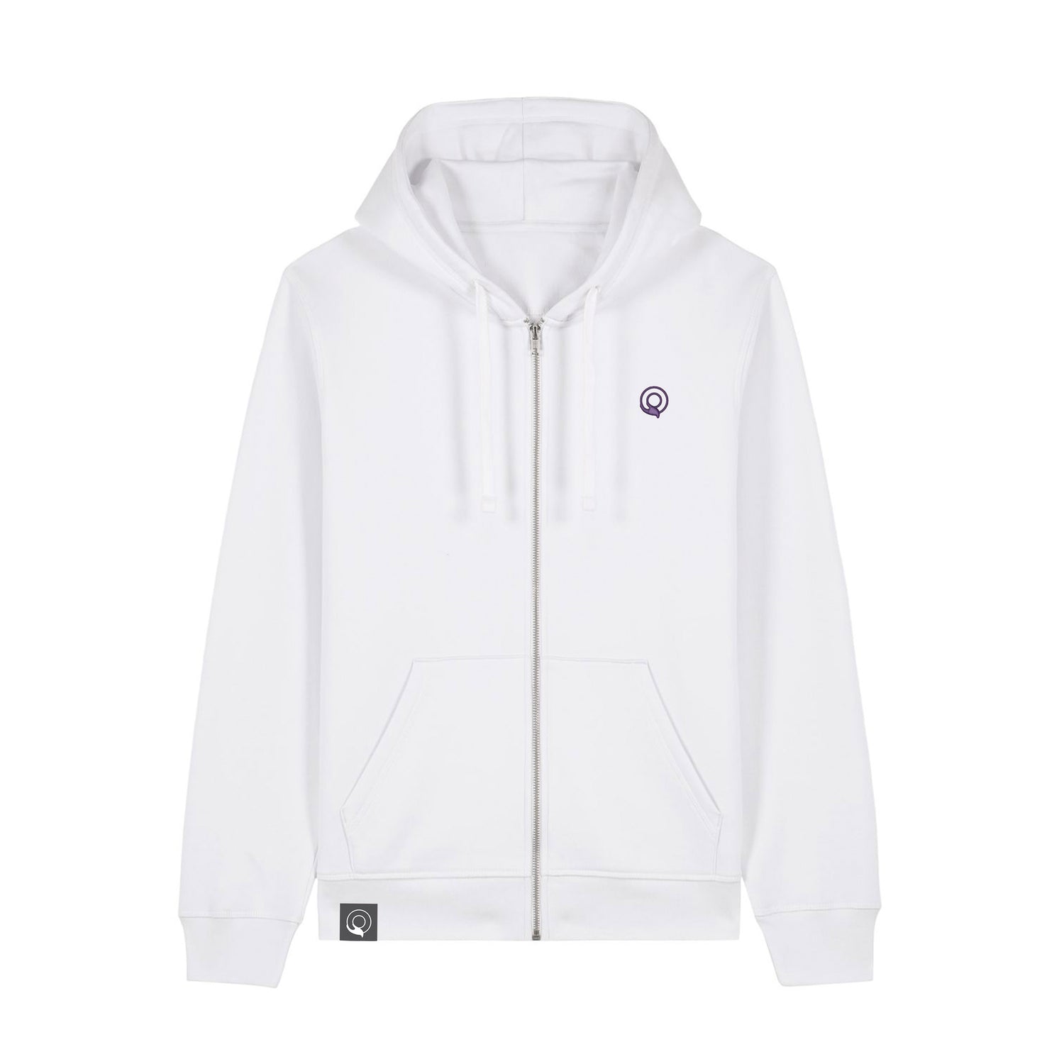 Unisex white sustainable zip hoodie crafted from GOTS organic cotton and GRS recycled polyester, 12 color options