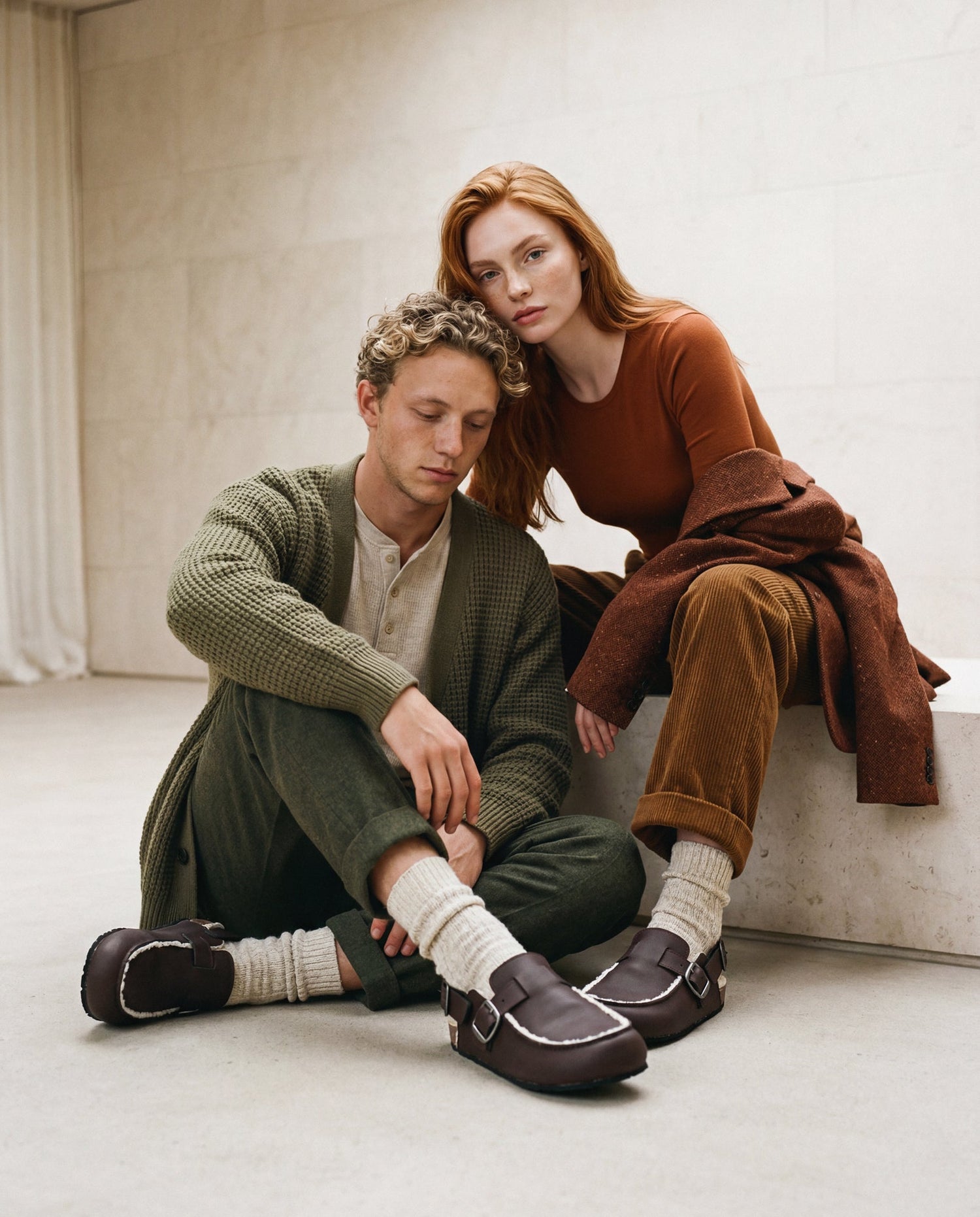 MEDAN Brown vegan clog styled on two models — unisex vegan clog in dark brown by NAE Vegan Shoes, made in Spain