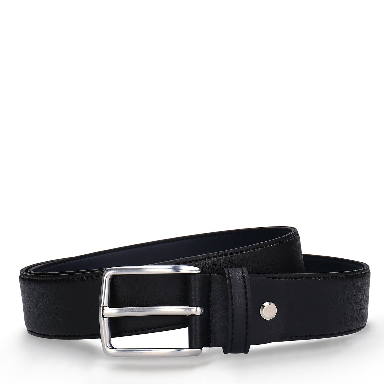 Black belt with a silver buckle on a white background.Nickel-free silver buckle belt