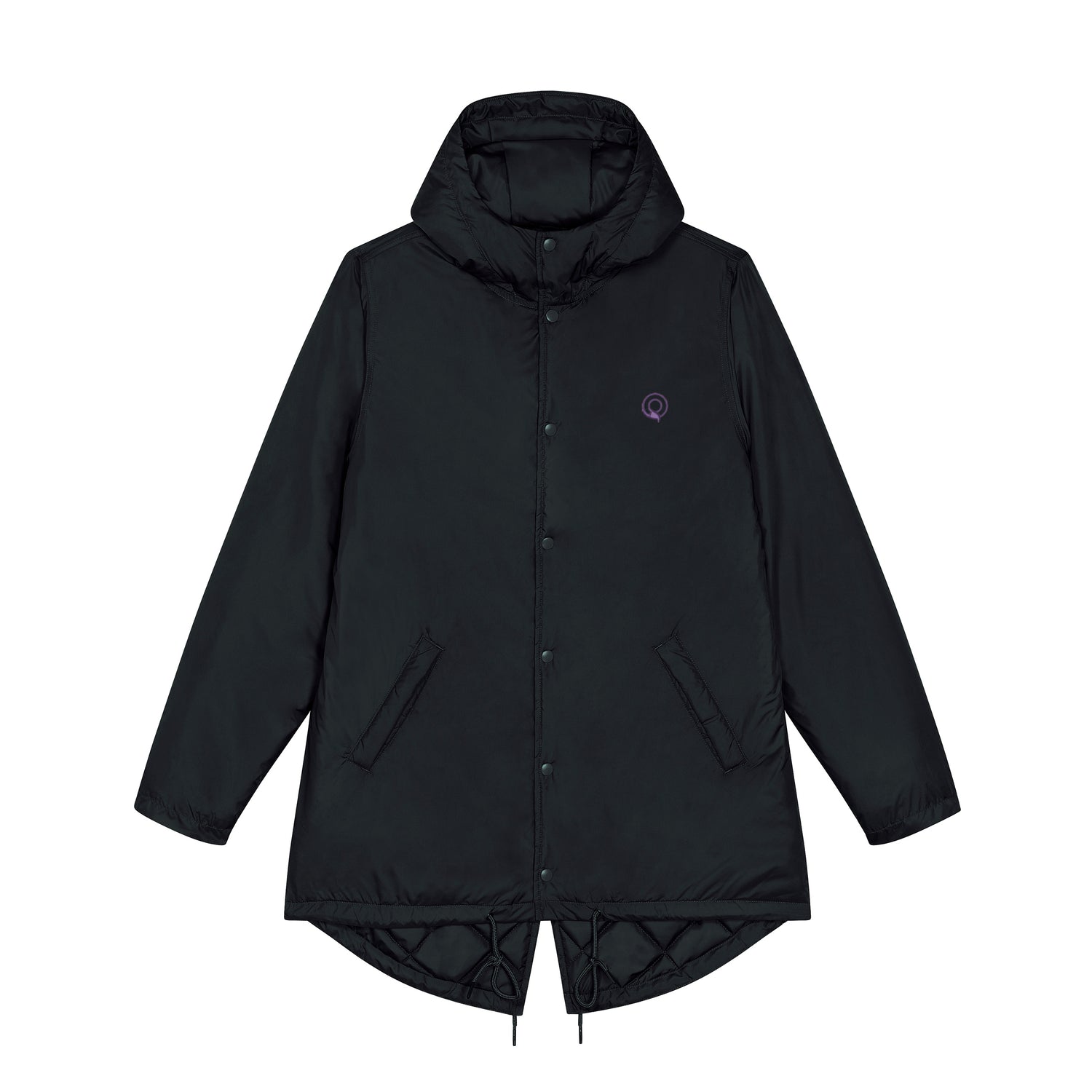 Black ethical fashion winter coat – unisex padded parka with diamond-stitched insulation, 100% recycled polyester