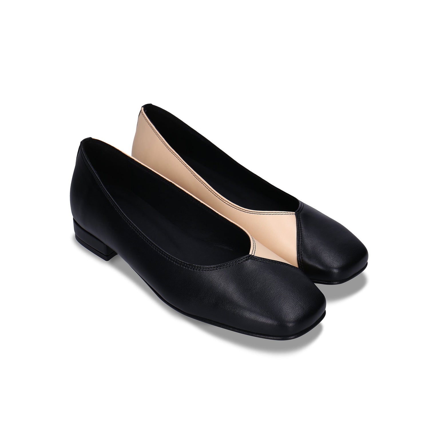 Women vegan ballerina flat sandal bicolor black beige apple skin with square toe | NAE