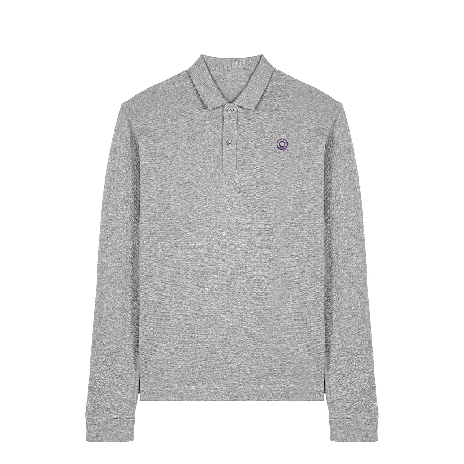 Front view of the heather grey long sleeve polo shirt – sustainable and ethically made fashion by New World Guardians.