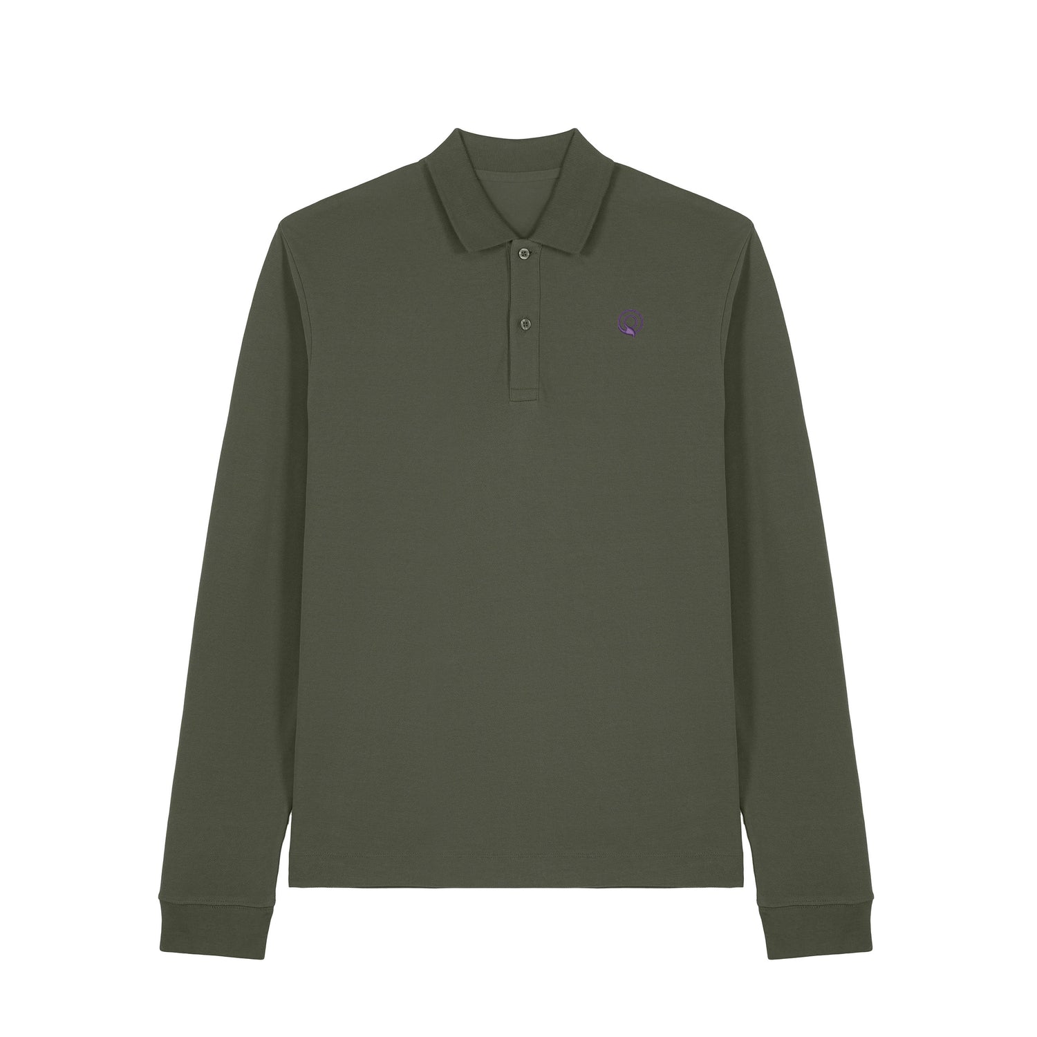 Front view of the khaki long sleeve polo shirt – sustainable and ethically made fashion by New World Guardians.