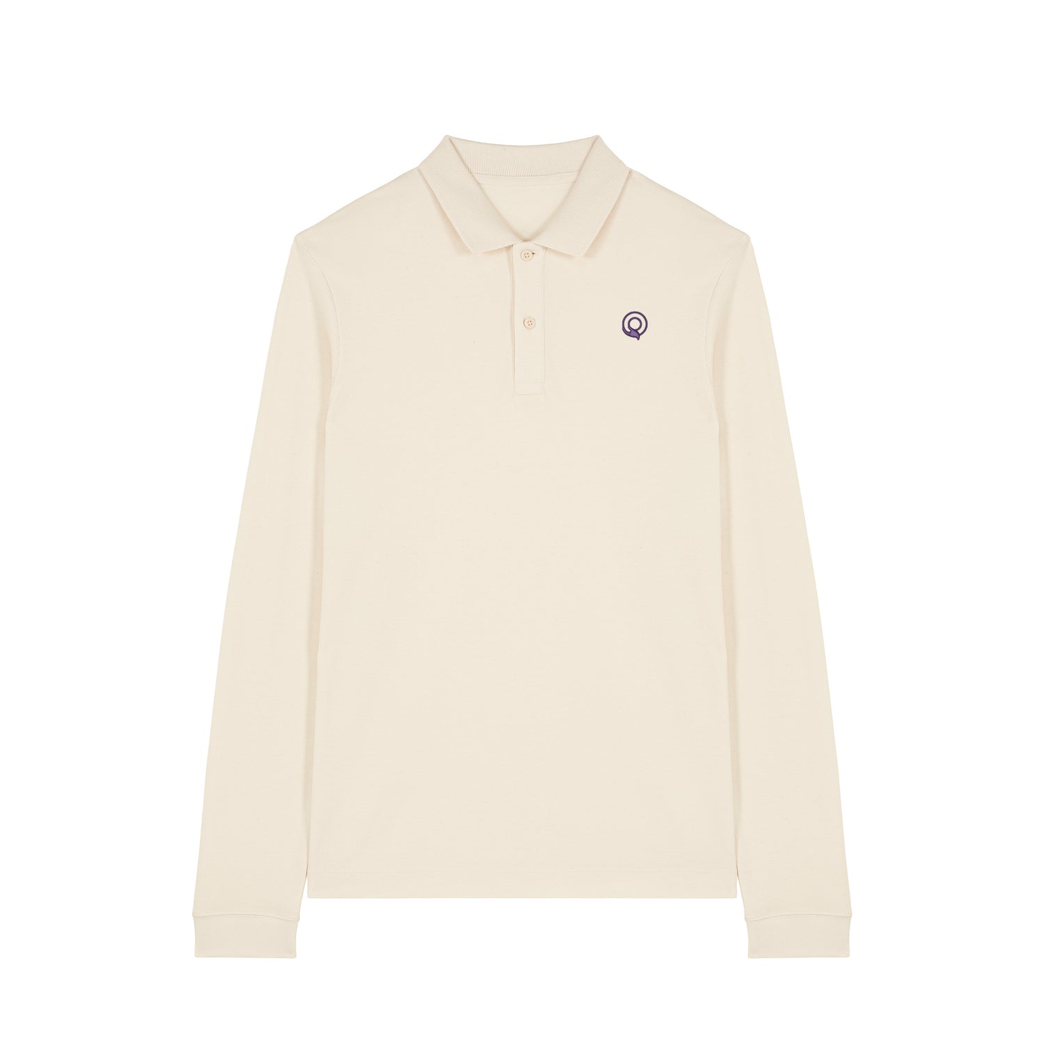 Front view of the natural raw long sleeve polo shirt – sustainable and ethically made fashion by New World Guardians.