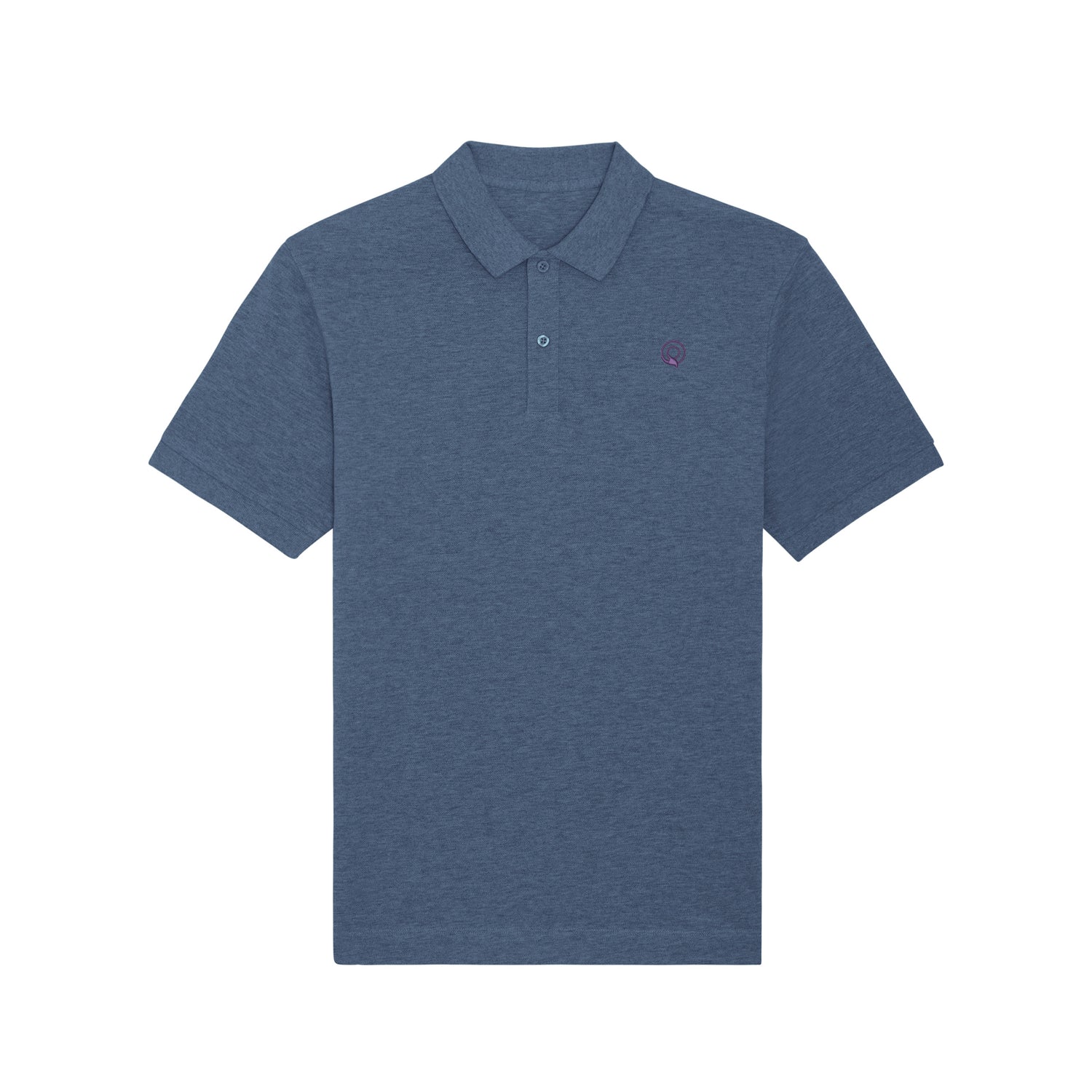 Front view of the dark heather blue unisex polo shirt – sustainable and ethically made fashion by New World Guardians.