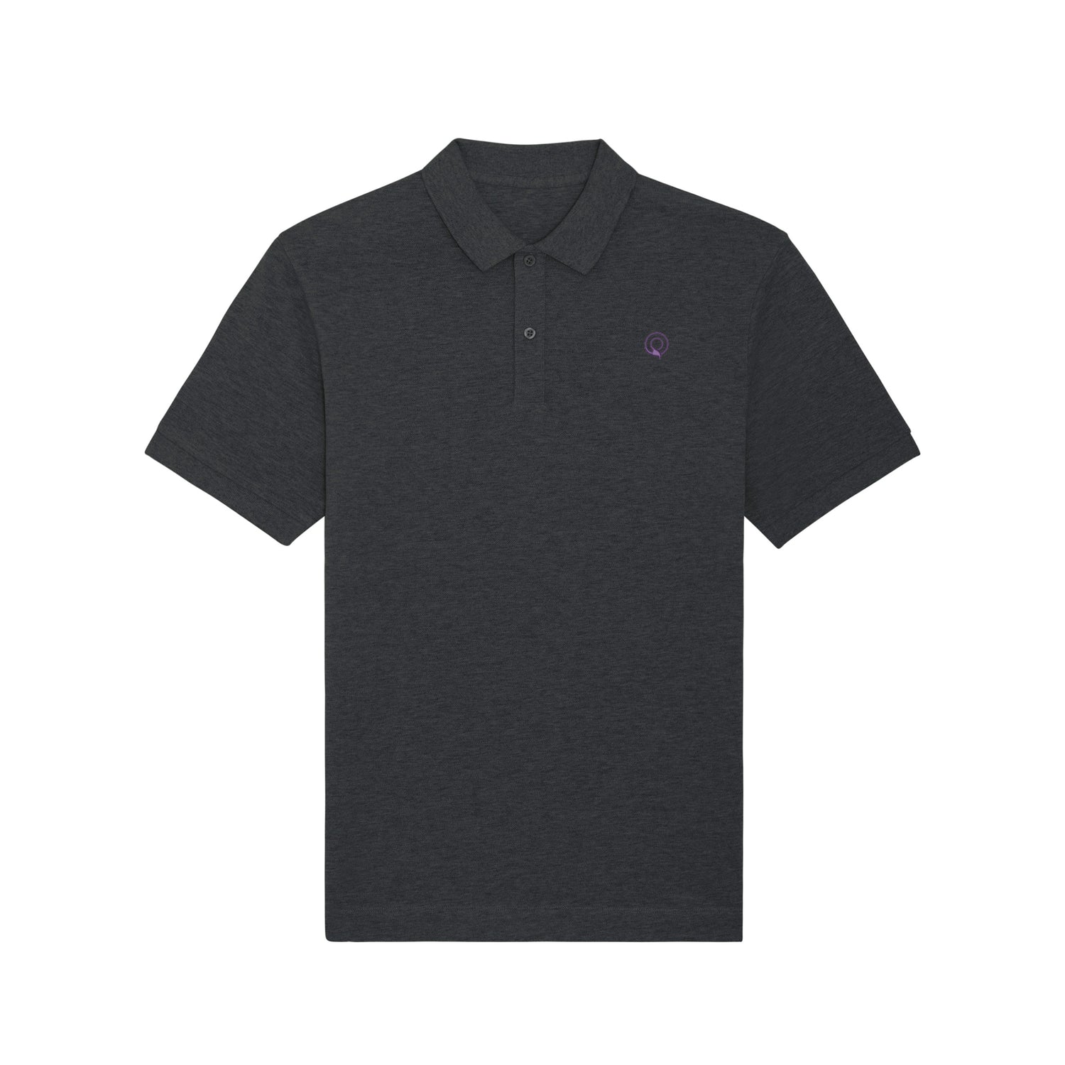 Front view of the dark heather grey unisex polo shirt – sustainable and ethically made fashion by New World Guardians.