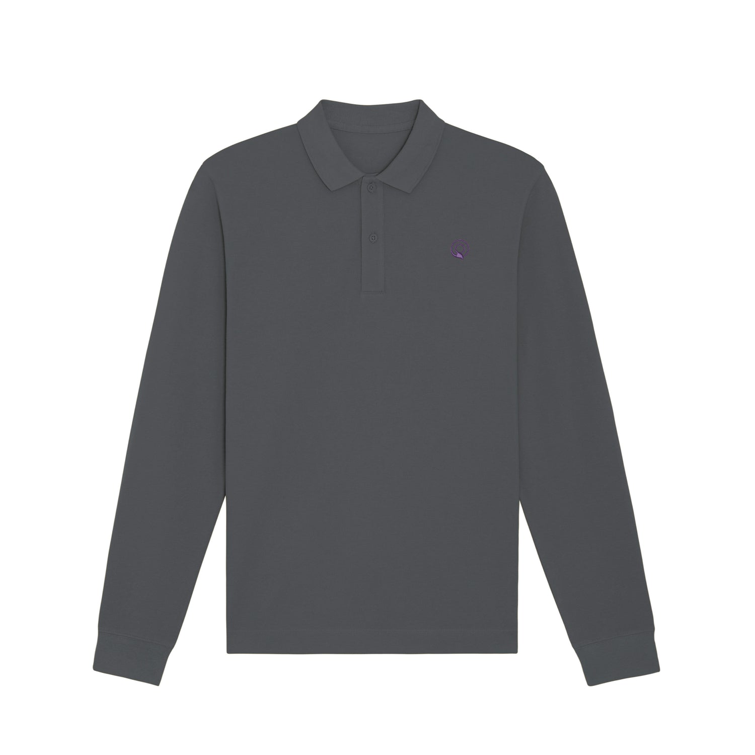 Front view of the anthracite long sleeve polo shirt – sustainable and ethically made fashion by New World Guardians.
