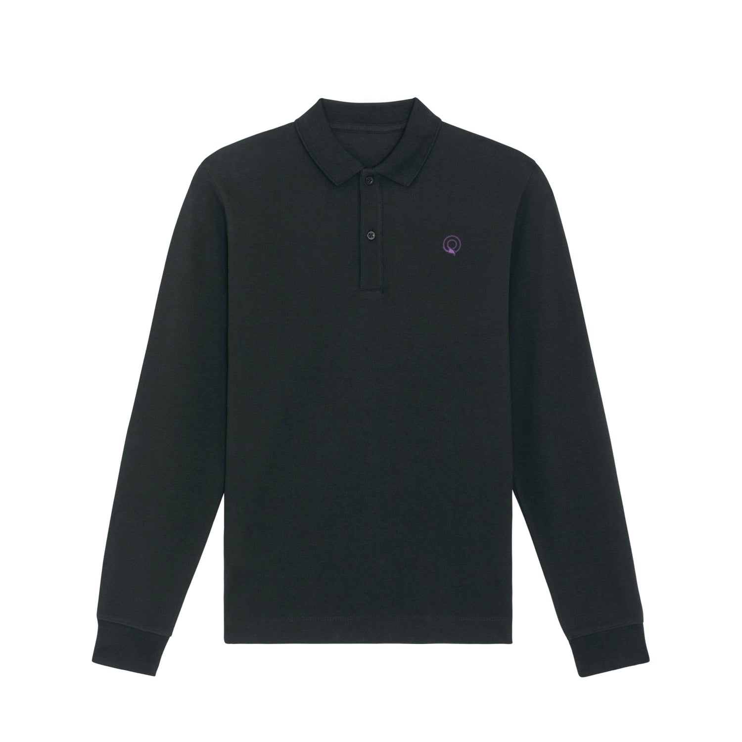 Front view of the black long sleeve polo shirt – sustainable and ethically made fashion by New World Guardians.