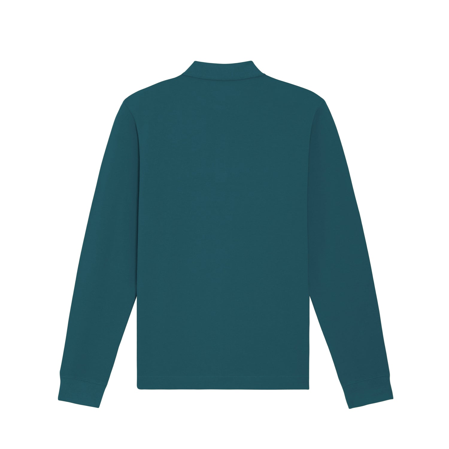 Back view of the petrol long sleeve polo shirt – sustainable and ethically made fashion by New World Guardians.