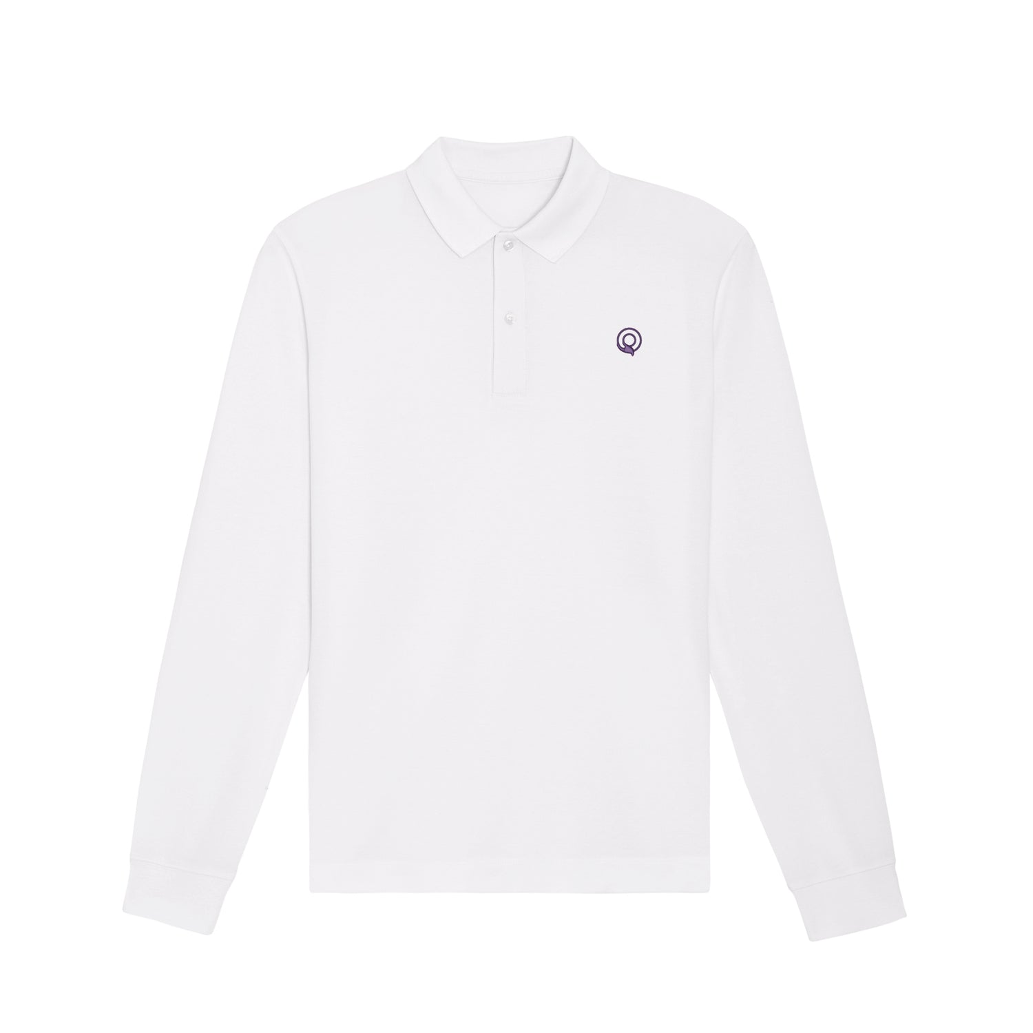 Front view of the white long sleeve polo shirt – sustainable and ethically made fashion by New World Guardians.