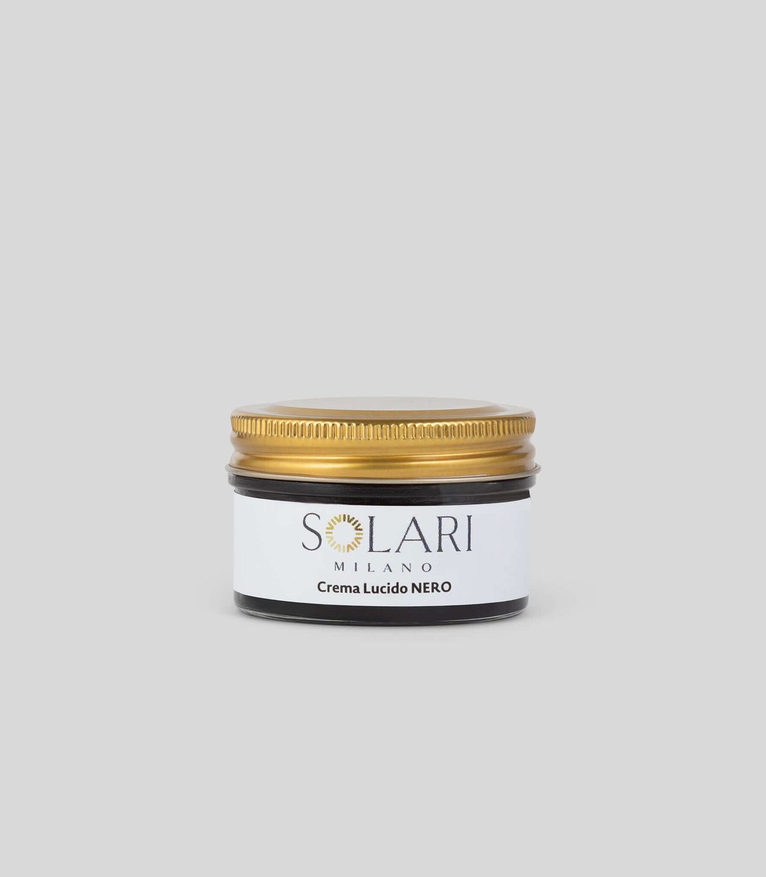 Crema Eco Lucido - Nero di Solari Milano in vasetto con tappo dorato per scarpe vegane lucide.