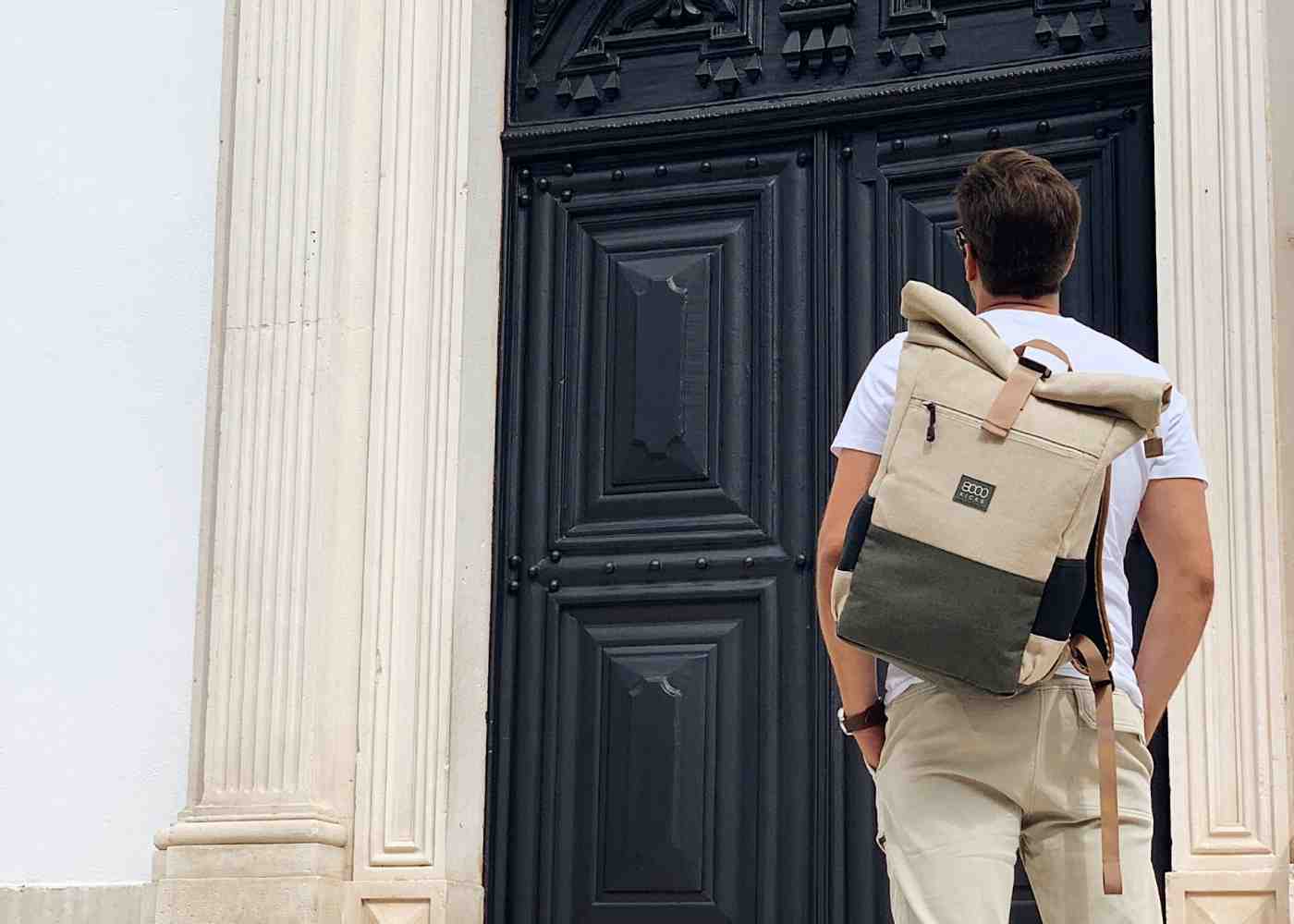 Everyday Hemp Rolltop Backpack in Beige and Green