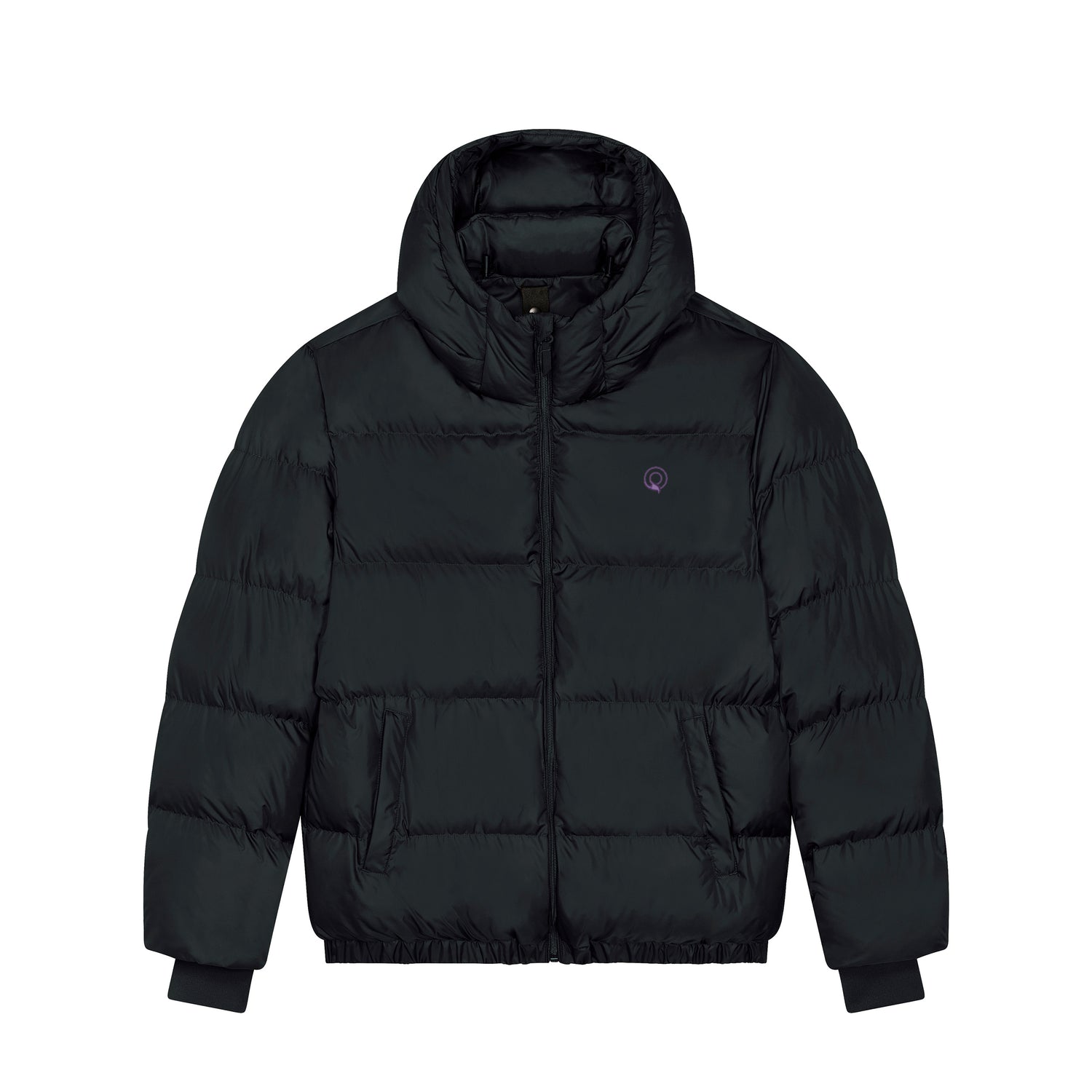 Black sustainable puffer jacket with adjustable hood and side pockets, eco-friendly unisex style, 4 colors