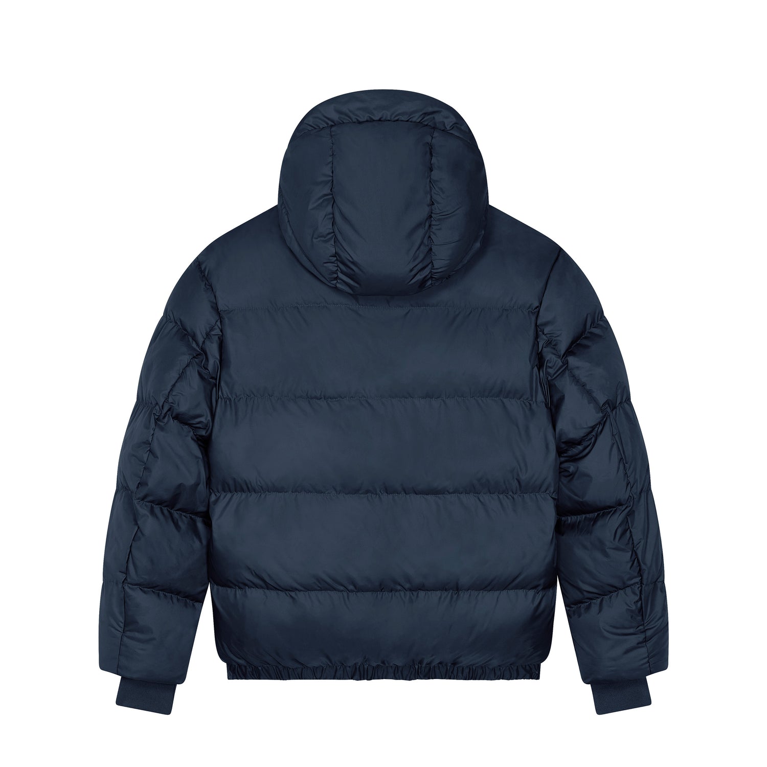 Back view of relaxed-fit unisex puffer jacket with lined hood, sustainable winter outerwear by NEW WORLD GUARDIANS, 4 colors