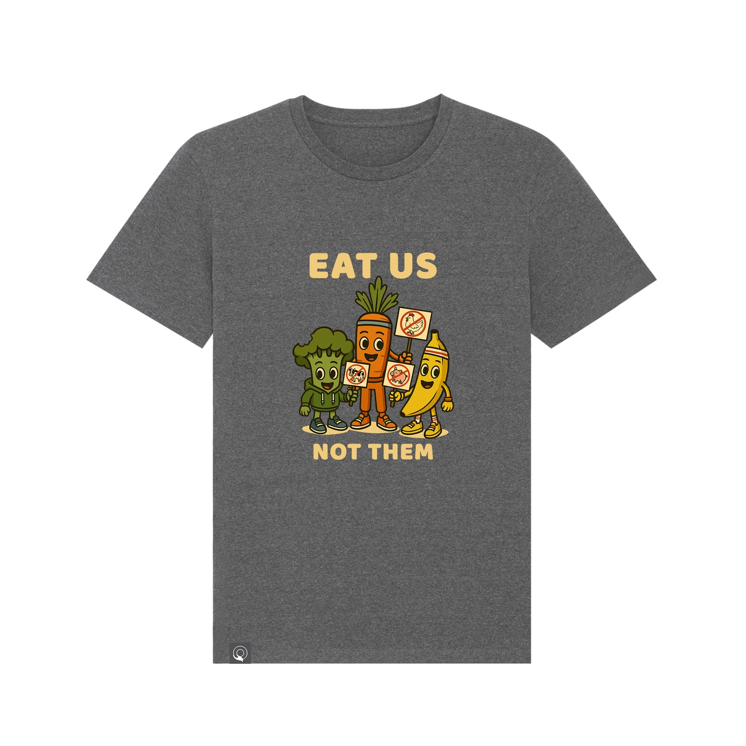 Heather grey NEW WORLD GUARDIANS unisex vegan T-shirt featuring the full Roots for Our Future veggie squad in a large comic-style front print with “Eat Us Not Them” slogan. Made from organic and recycled cotton. Playful and ethical vegan fashion meets sustainable streetwear.