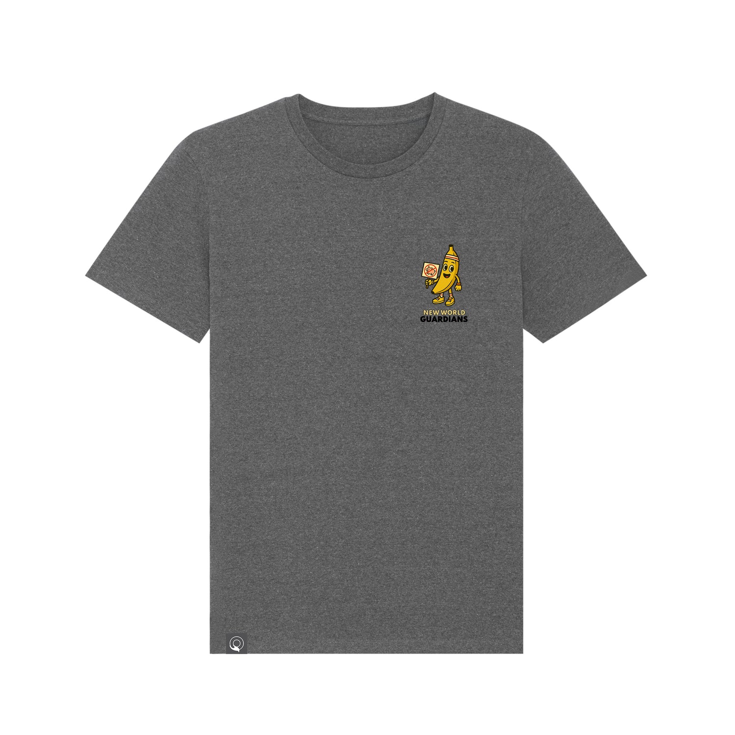 Heather grey NEW WORLD GUARDIANS unisex vegan T-shirt featuring Bany the banana in a comic-style front print and the full Roots for Our Future veggie squad with “Eat Us Not Them” slogan on the back. Made from organic and recycled cotton. Ethical vegan fashion and sustainable streetwear with playful comic vibes.