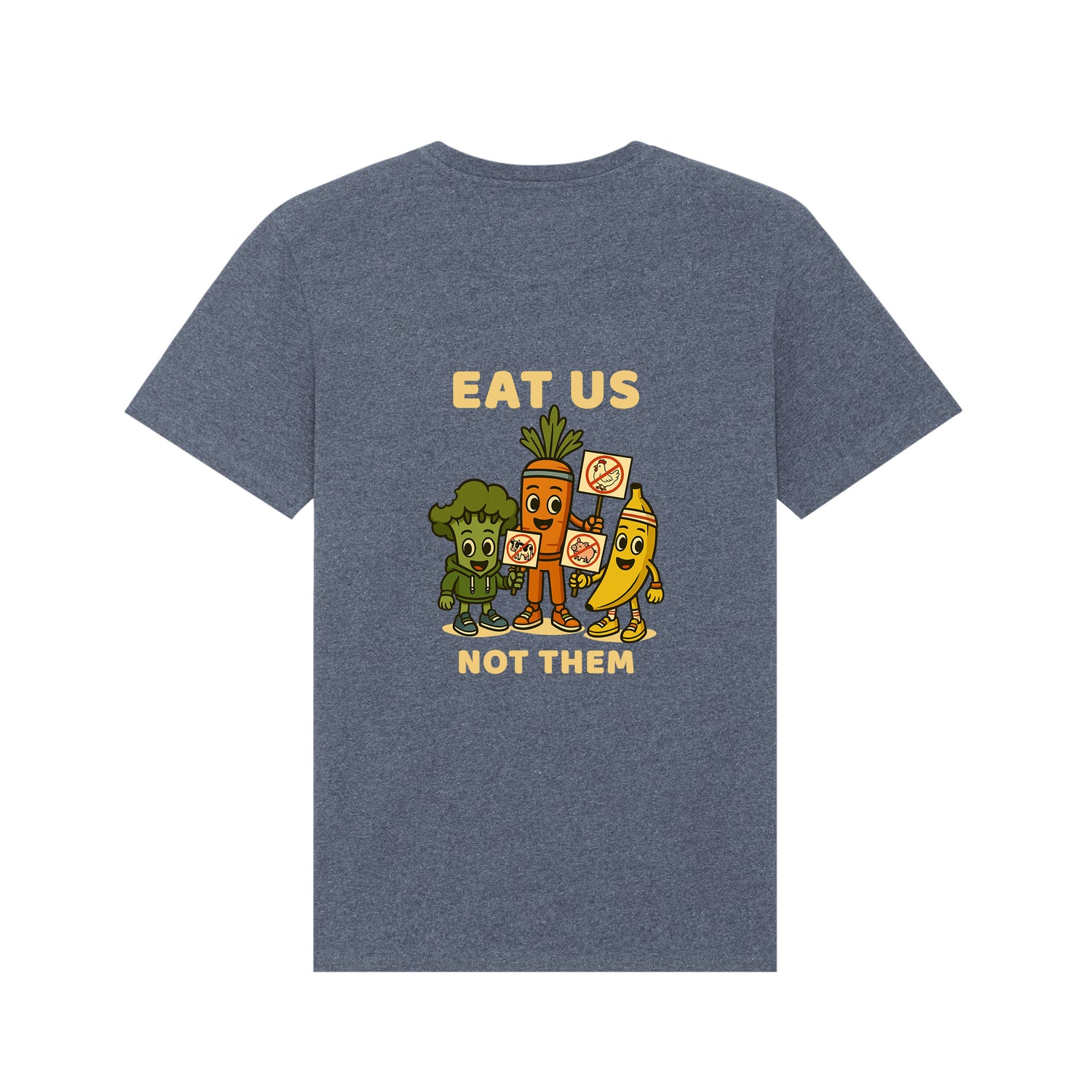 Back view of navy blue NEW WORLD GUARDIANS unisex vegan T-shirt featuring the full Roots for Our Future veggie squad in a bold comic-style back print with “Eat Us Not Them” slogan. Made from organic and recycled cotton. Bold vegan fashion and sustainable streetwear for conscious rebels.