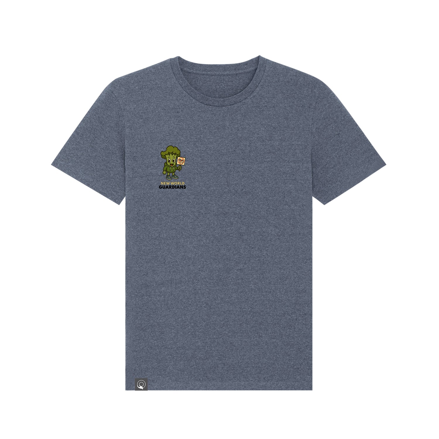 Navy blue NEW WORLD GUARDIANS unisex vegan T-shirt featuring Steamy the broccoli in a comic-style front print and the full Roots for Our Future veggie squad with “Eat Us Not Them” slogan on the back. Made from organic and recycled cotton. Bold vegan fashion and sustainable streetwear with comic flair.