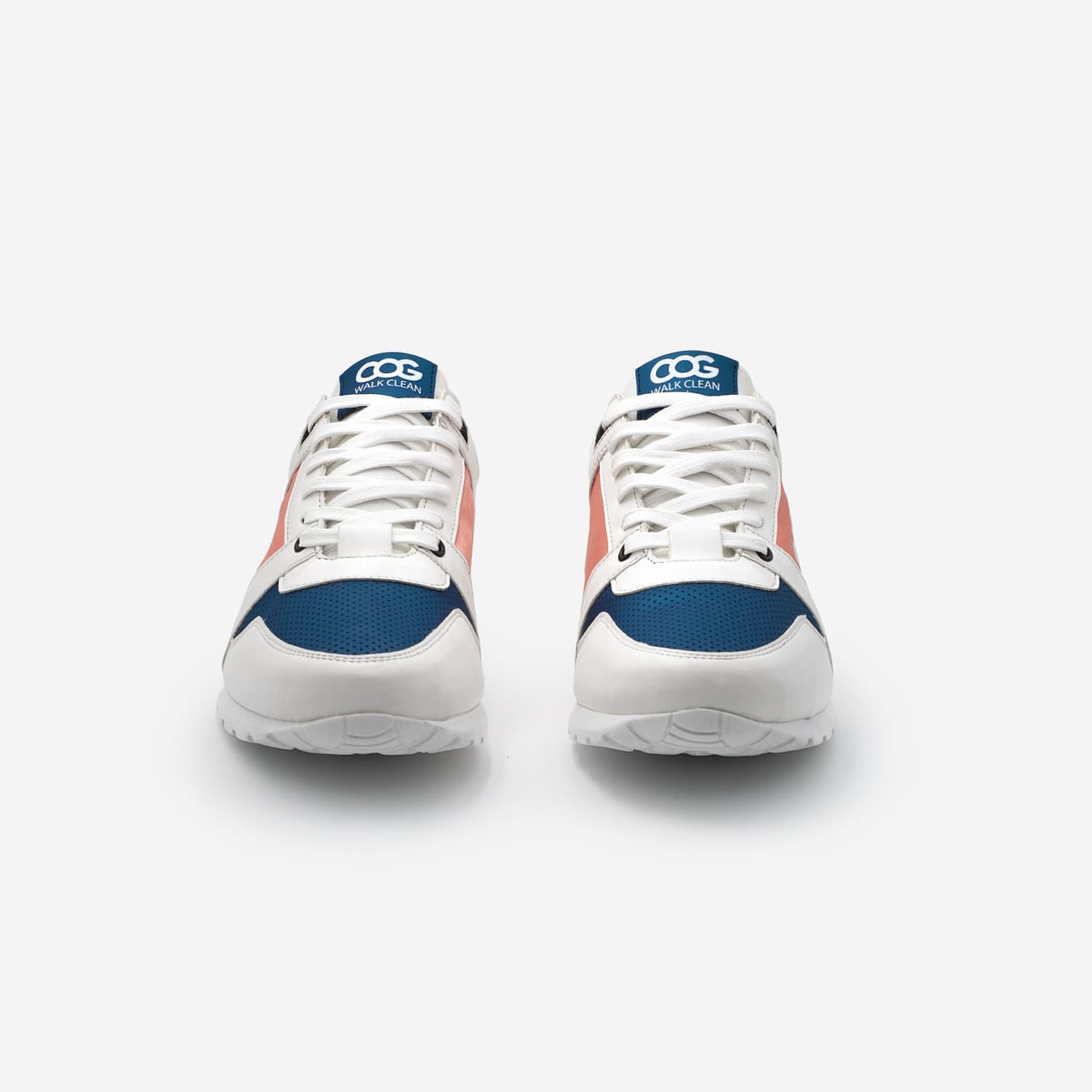 Men’s white, blue and coral Raven vegan running sneaker – front view
