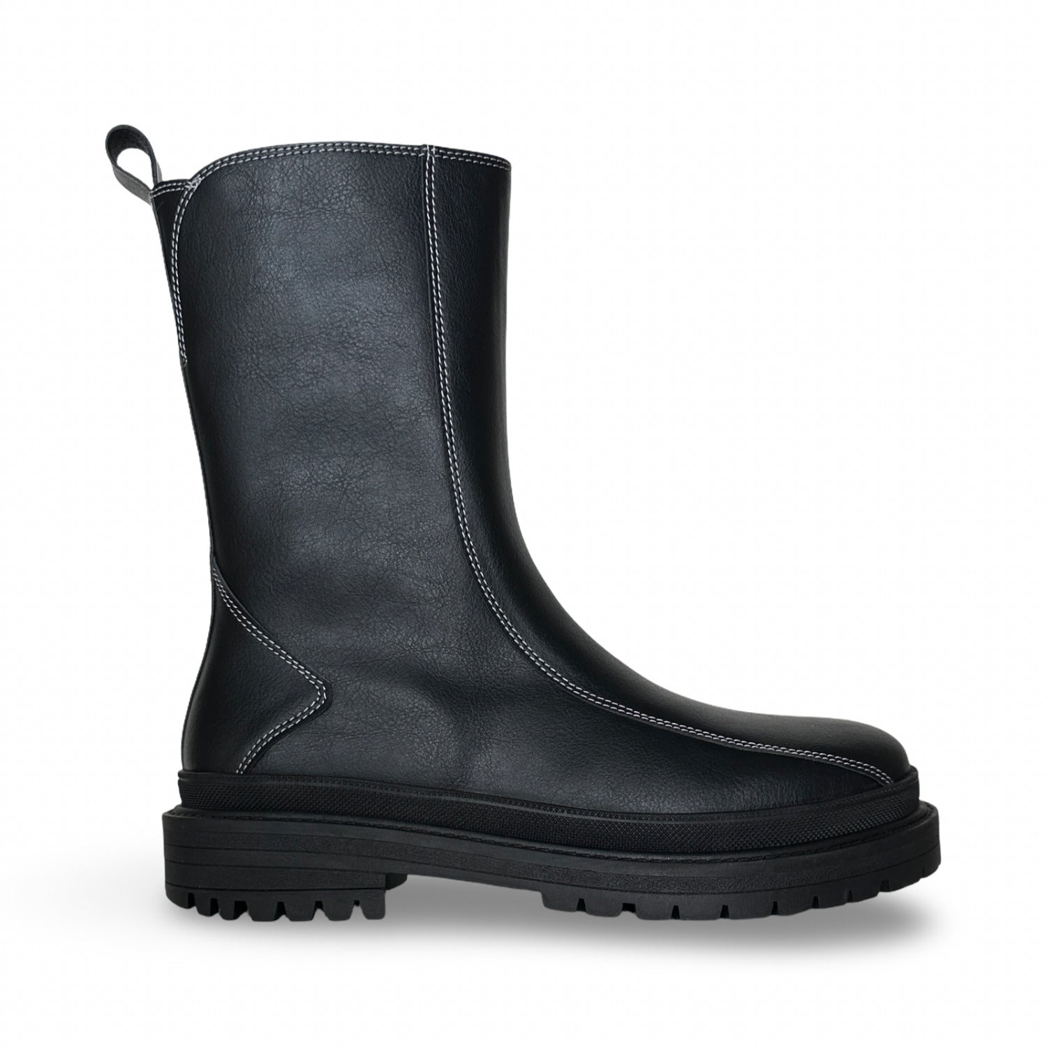 Schwarze, flache, vegane, lässige, unisex-Bürostiefel aus Mikrofaser, die bis zur Mitte der Wade reichen