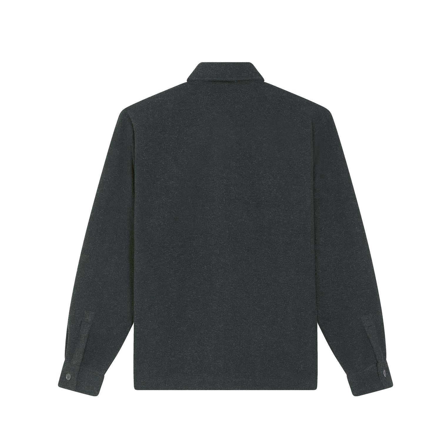 Back view of grey eco-friendly unisex shirt jacket with chest and side seam pockets, recycled polyester, 3 color options