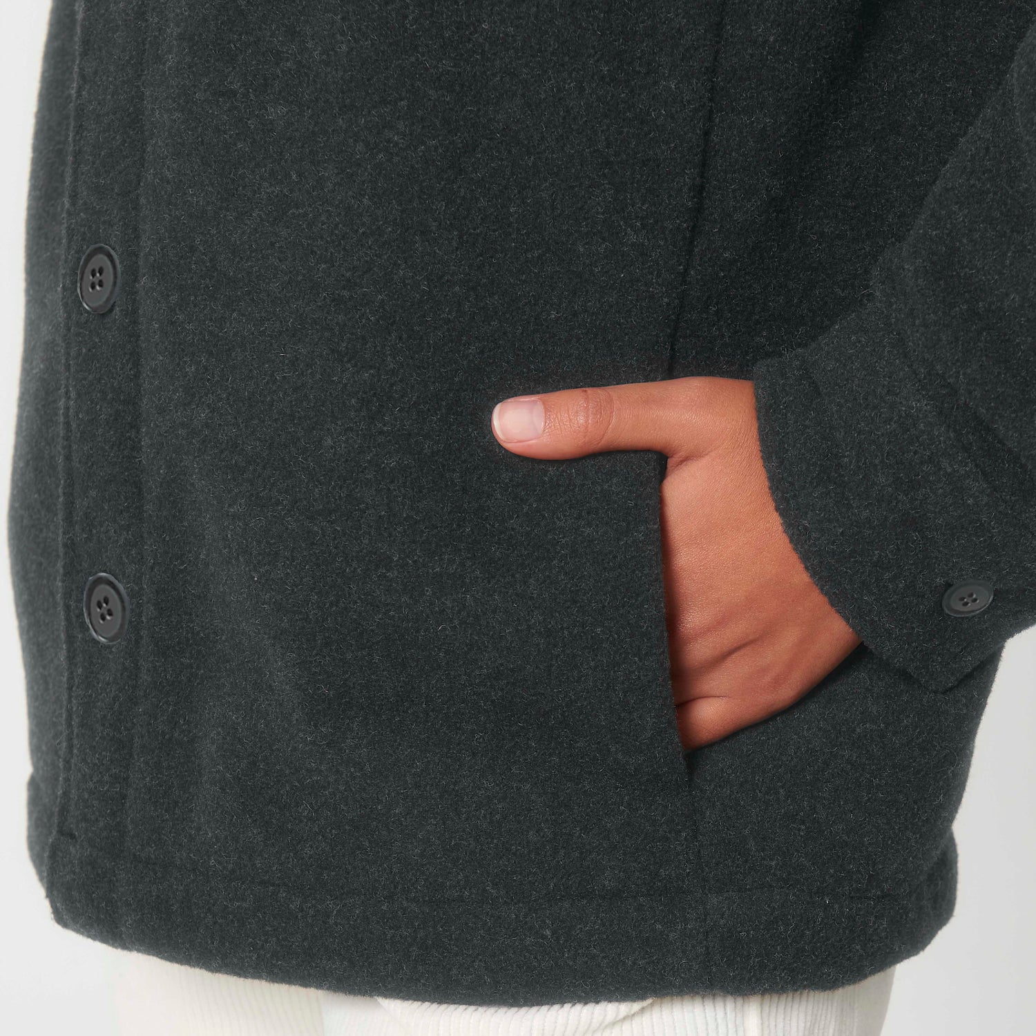 Detail of grey timeless unisex overshirt in recycled polyester with button front, eco-conscious outerwear, 3 colors available