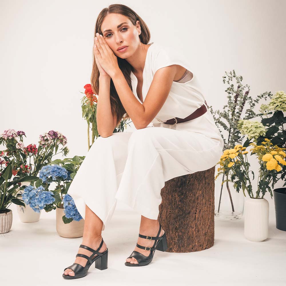 Women black vegan heels shoes wearing summer white dress | NAE Vegan Shoes