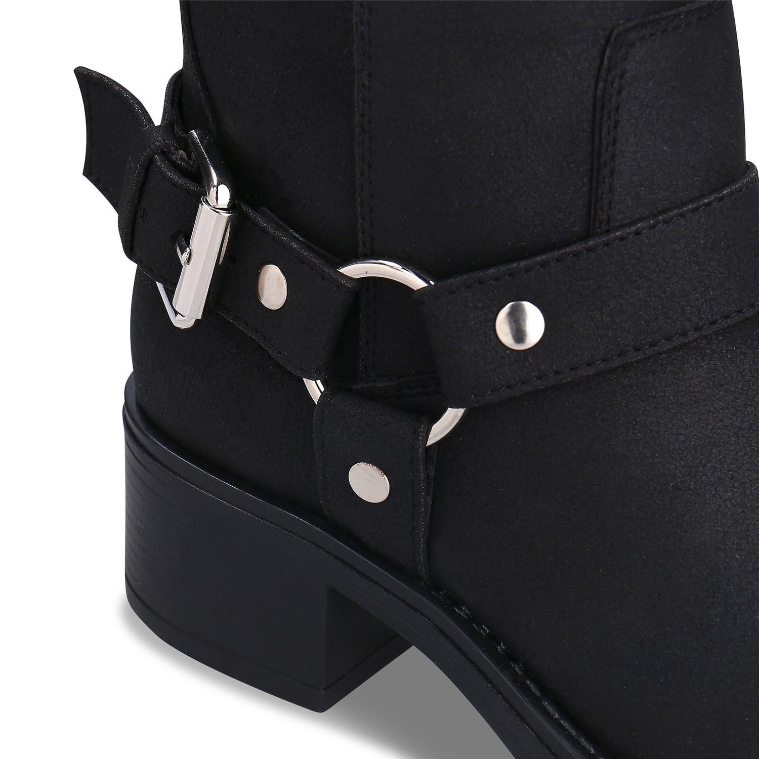 RUBY Black vegan boot hardware detail — silver-tone D-ring buckle and harness strap close-up