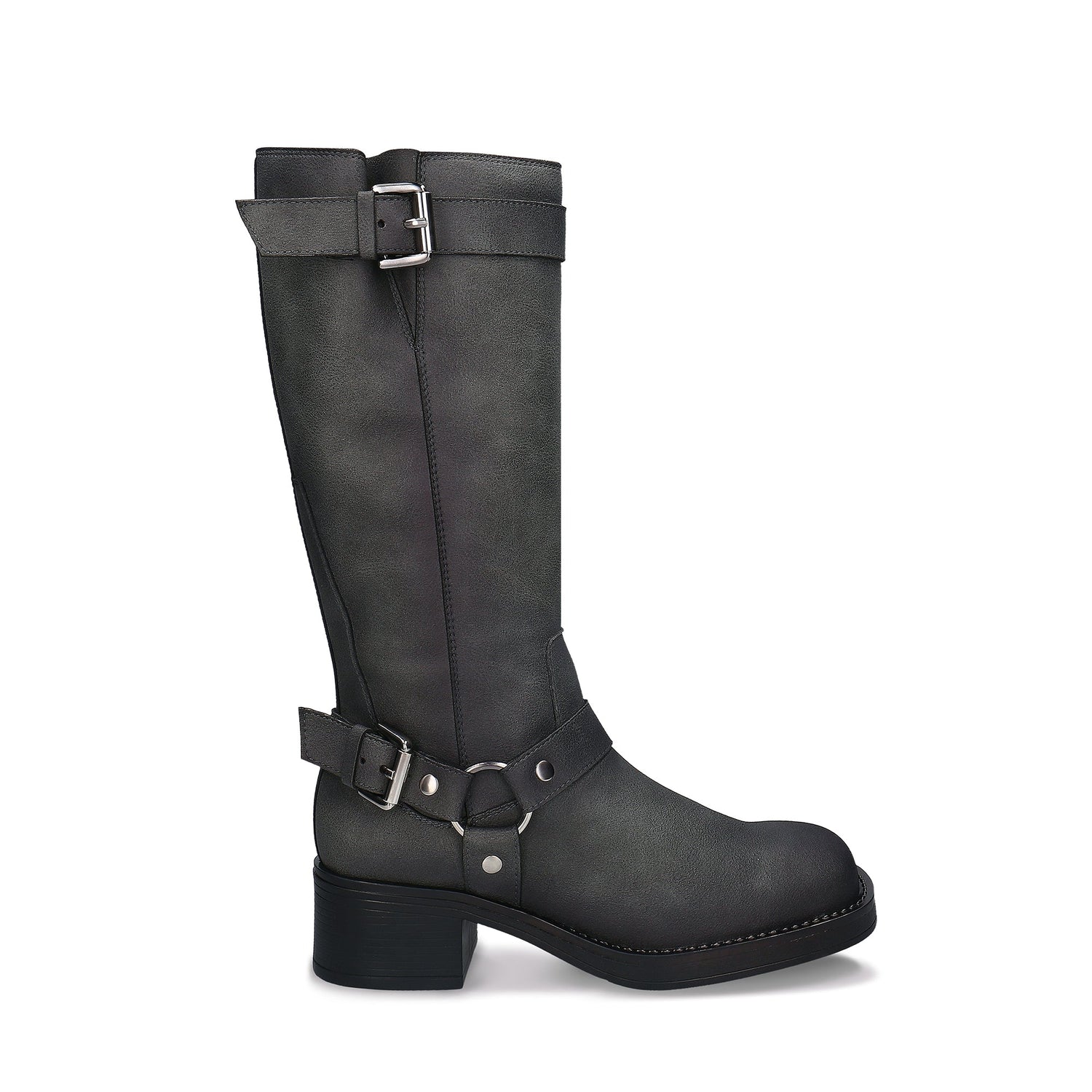 RUBY Grey vegan knee-high harness boot — women’s ethical boot made in Portugal, worn with black leggings and shearling coat