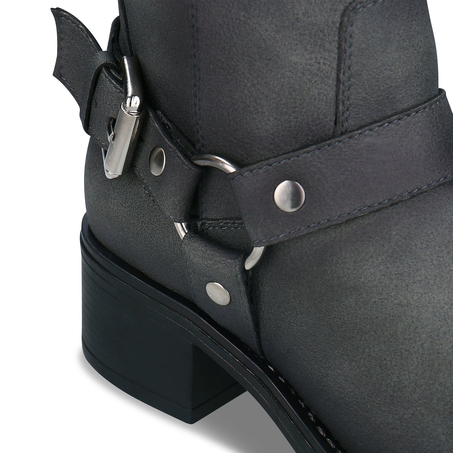 RUBY Grey vegan boot hardware detail — silver-tone D-ring buckle and harness strap close-up