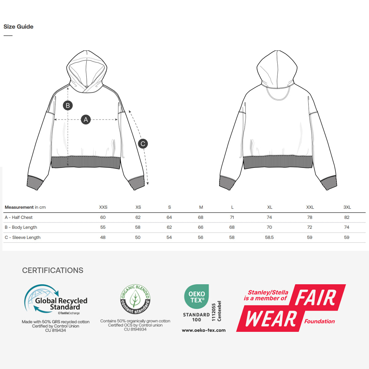 NEW WORLD GUARDIANS organic cotton hoodie size guide and sustainability certifications