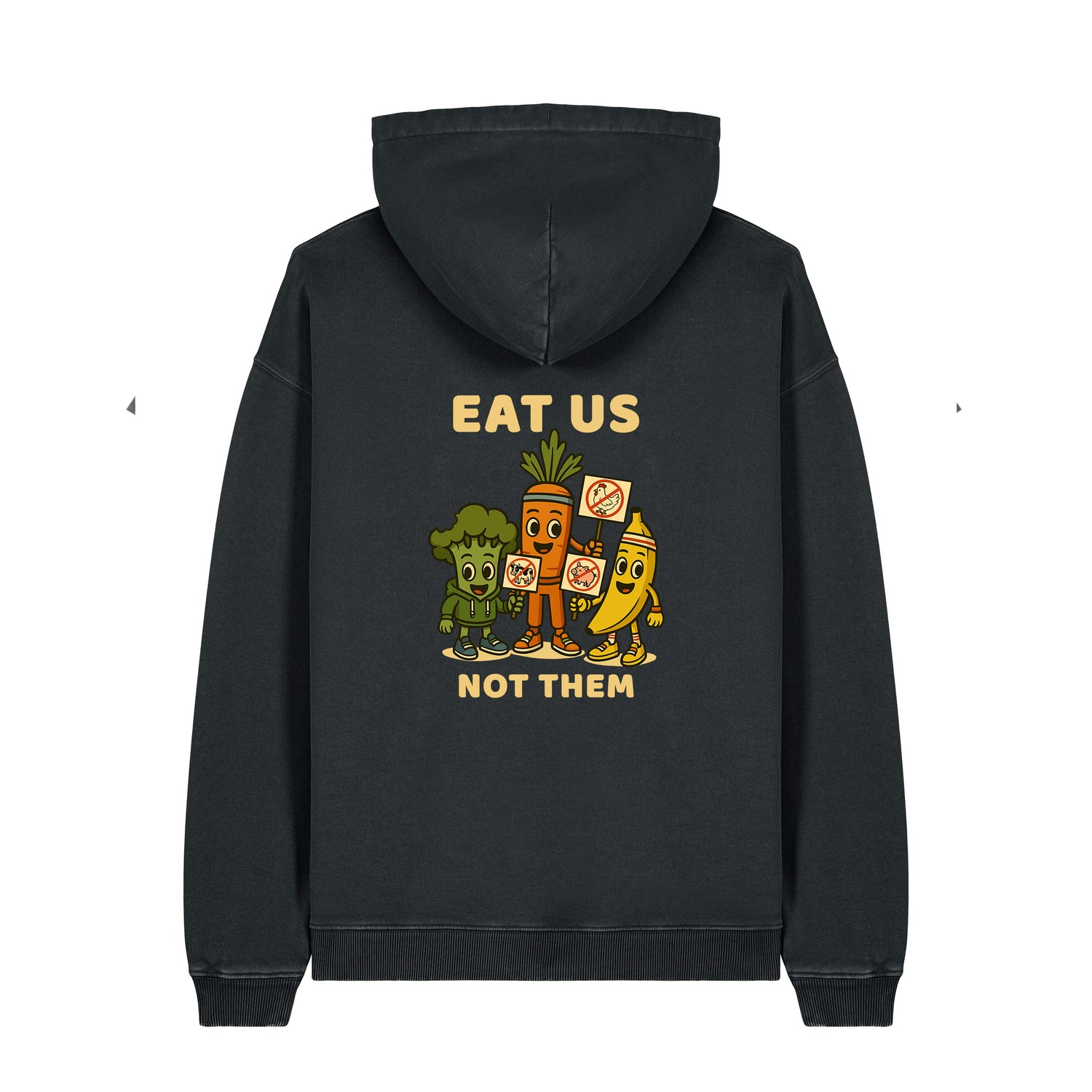 Back view of black NEW WORLD GUARDIANS unisex vegan hoodie featuring the full Roots for Our Future veggie squad in a bold comic-style back print. Crafted from 100% organic cotton. Sustainable streetwear and powerful vegan fashion statement.