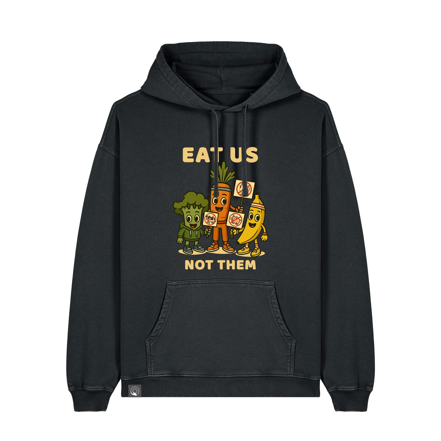 Black NEW WORLD GUARDIANS unisex vegan hoodie featuring the full Roots for Our Future veggie squad with bold comic-style front print and the slogan “Eat Us Not Them”. Made from 100% organic cotton. Powerful vegan fashion and sustainable streetwear with attitude.