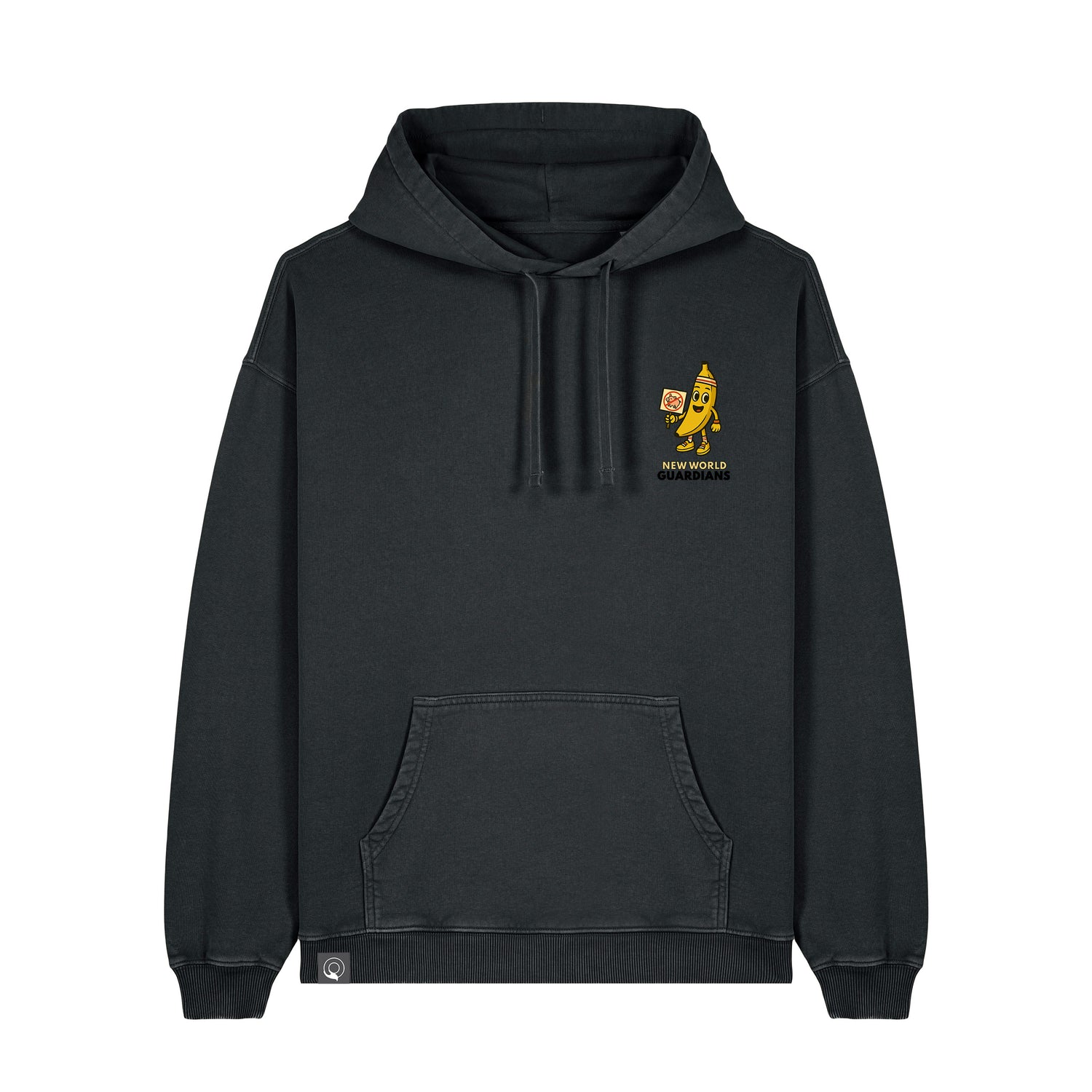 Black NEW WORLD GUARDIANS unisex vegan hoodie featuring Bany the banana in a comic-style front print and full veggie squad artwork on the back. From the Roots for Our Future collection. Made from 100% organic cotton. Sustainable streetwear meets fun and conscious vegan fashion.
