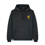 Black NEW WORLD GUARDIANS unisex vegan hoodie featuring Bany the banana in a comic-style front print and full veggie squad artwork on the back. From the Roots for Our Future collection. Made from 100% organic cotton. Sustainable streetwear meets fun and conscious vegan fashion.
