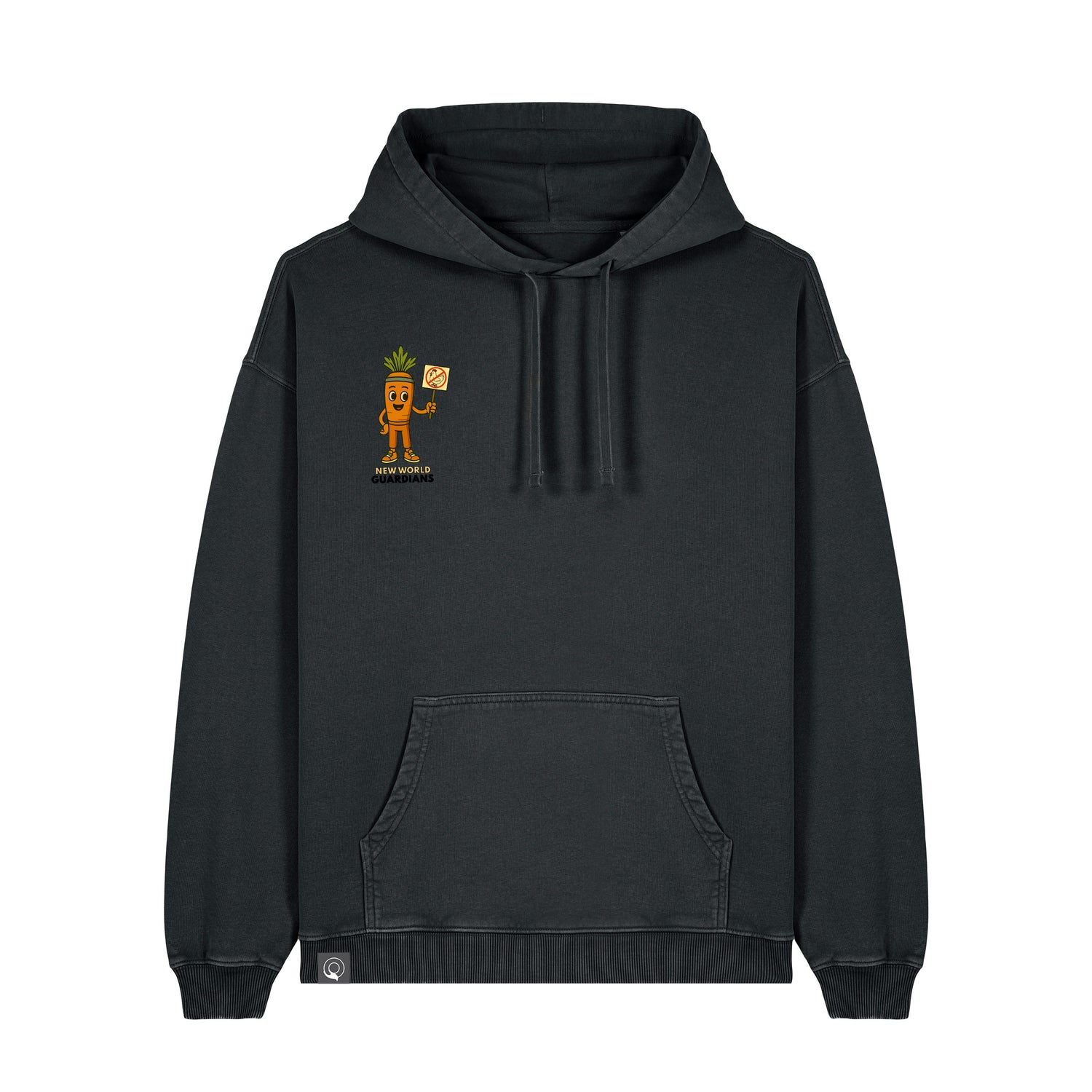 NEW WORLD GUARDIANS black unisex vegan hoodie in black featuring Crunch the carrot in a bold comic-style front print and full veggie squad design on the back. Part of the Roots for Our Future collection. Crafted from 100% organic cotton. Comic-style vegan fashion meets sustainable streetwear.