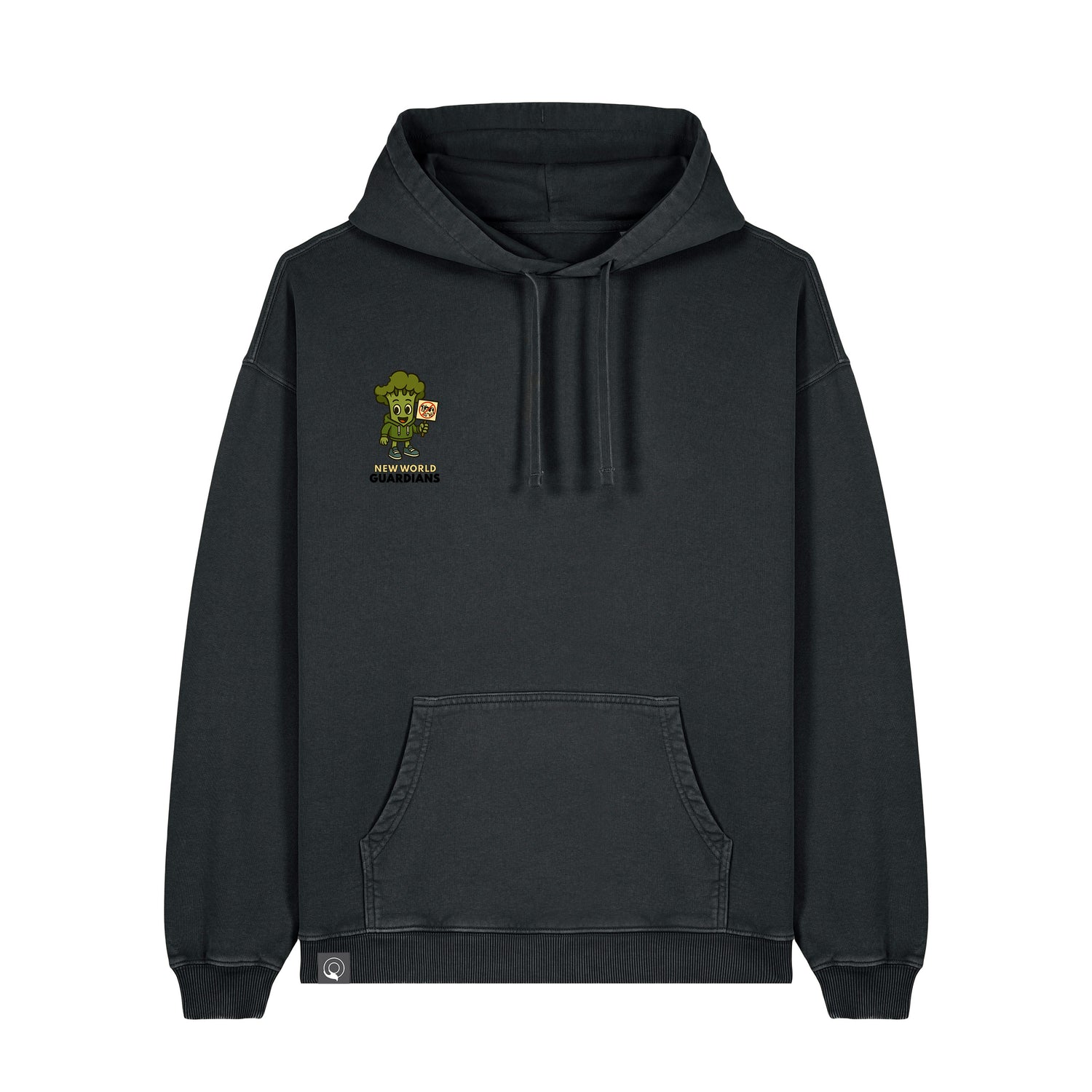 Black NEW WORLD GUARDIANS unisex vegan hoodie featuring Steamy the broccoli in a bold comic-style front print and full veggie squad design on the back. Part of the Roots for Our Future collection. Made from 100% organic cotton. Comic-style vegan fashion and sustainable streetwear combined.