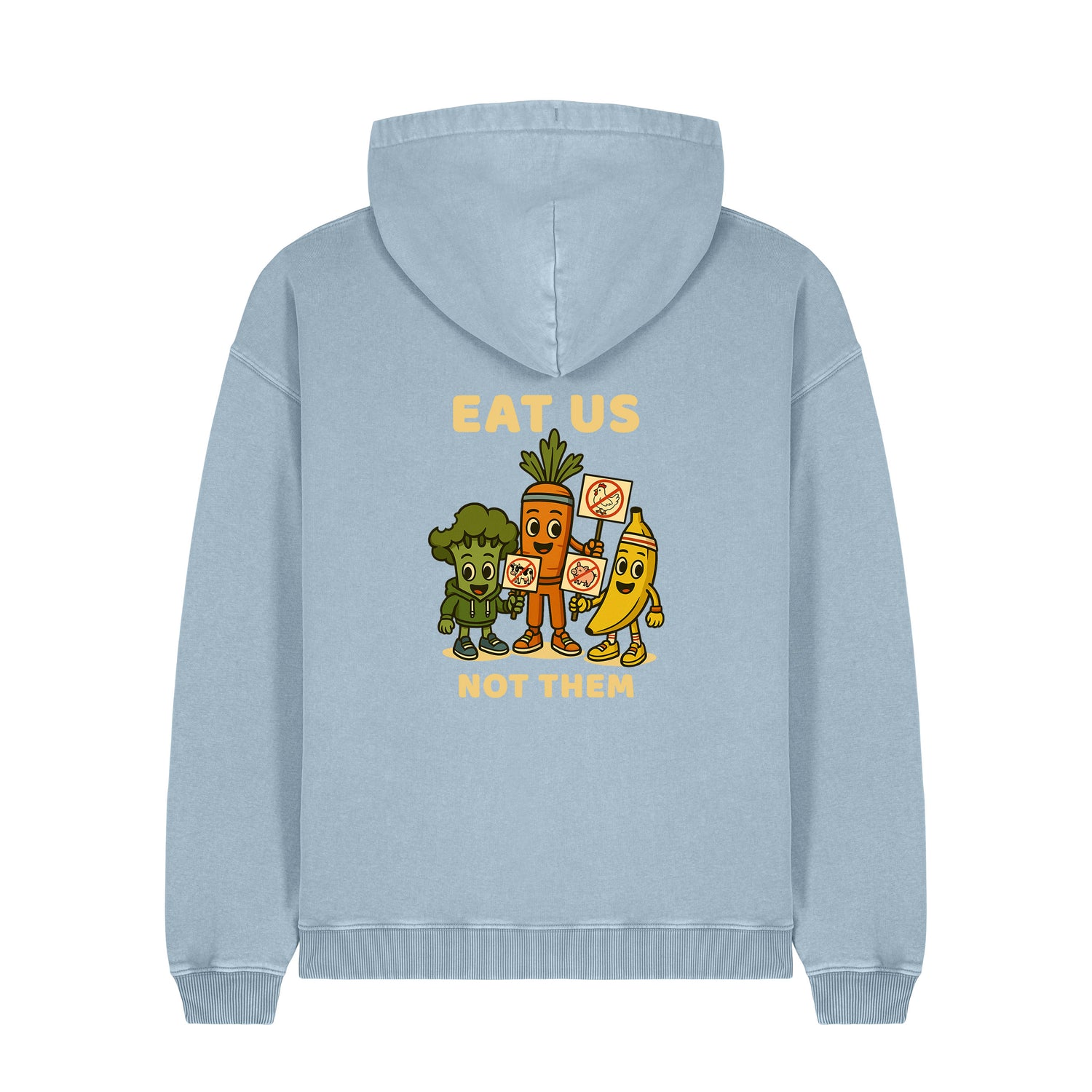 Back view of blue NEW WORLD GUARDIANS unisex vegan hoodie featuring the full Roots for Our Future veggie squad in a bold comic-style back print. Made from 100% organic cotton. Statement streetwear for conscious rebels and lovers of vegan fashion.