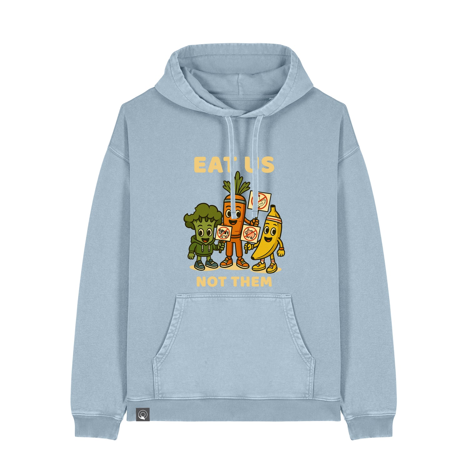 NEW WORLD GUARDIANS unisex vegan hoodie featuring the full Roots for Our Future veggie squad with bold comic-style artwork and the slogan “Eat Us Not Them” on the front. Made from 100% organic cotton. Eye-catching vegan fashion and sustainable streetwear for changemakers.