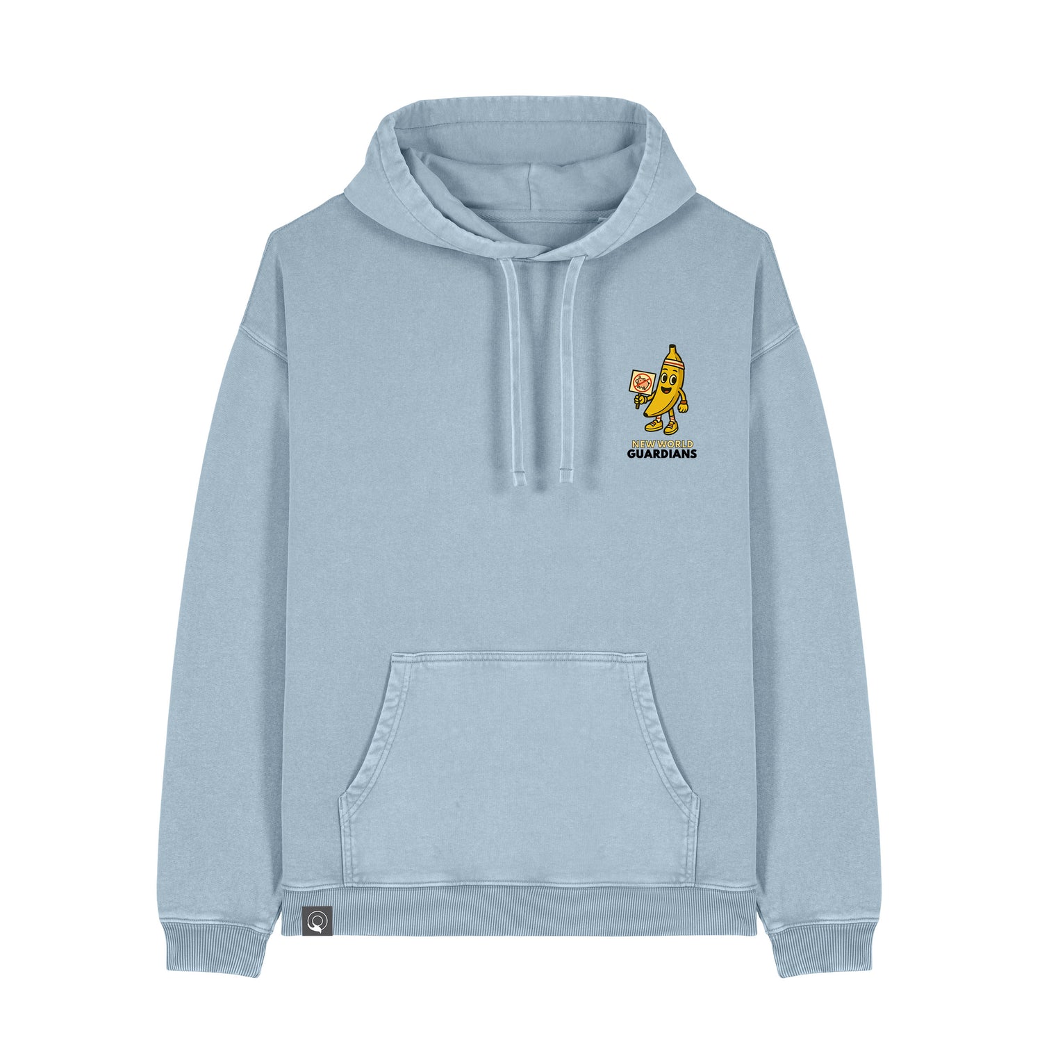 Blue NEW WORLD GUARDIANS unisex vegan hoodie featuring Bany the banana in a bold comic-style front print and the full veggie squad on the back. Roots for Our Future collection. Made from 100% organic cotton. Playful vegan fashion and sustainable streetwear combined.