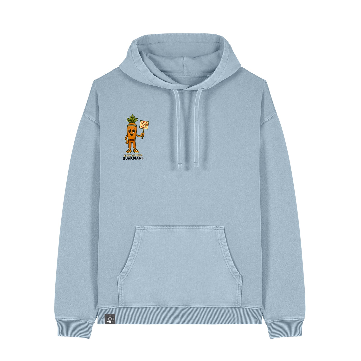 NEW WORLD GUARDIANS blue unisex vegan hoodie in vibrant blue featuring Crunch the carrot in comic-style front print and full veggie squad graphic on the back. Part of the Roots for Our Future collection. 100% organic cotton. Sustainable streetwear and bold vegan fashion.