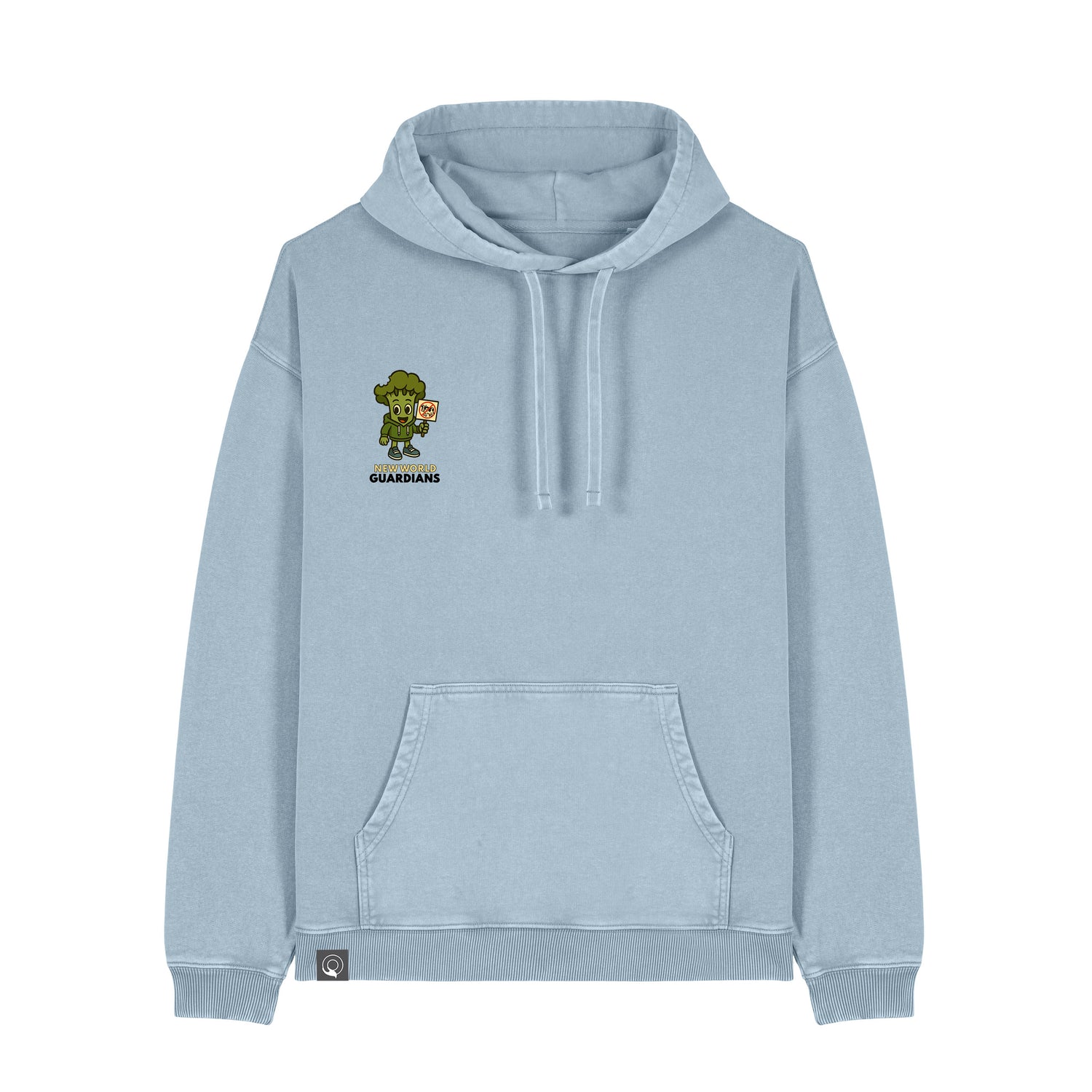 Blue NEW WORLD GUARDIANS unisex vegan hoodie featuring Steamy the broccoli in a comic-style front print and the full veggie squad on the back. From the Roots for Our Future collection. Made from 100% organic cotton. Sustainable streetwear and expressive vegan fashion.