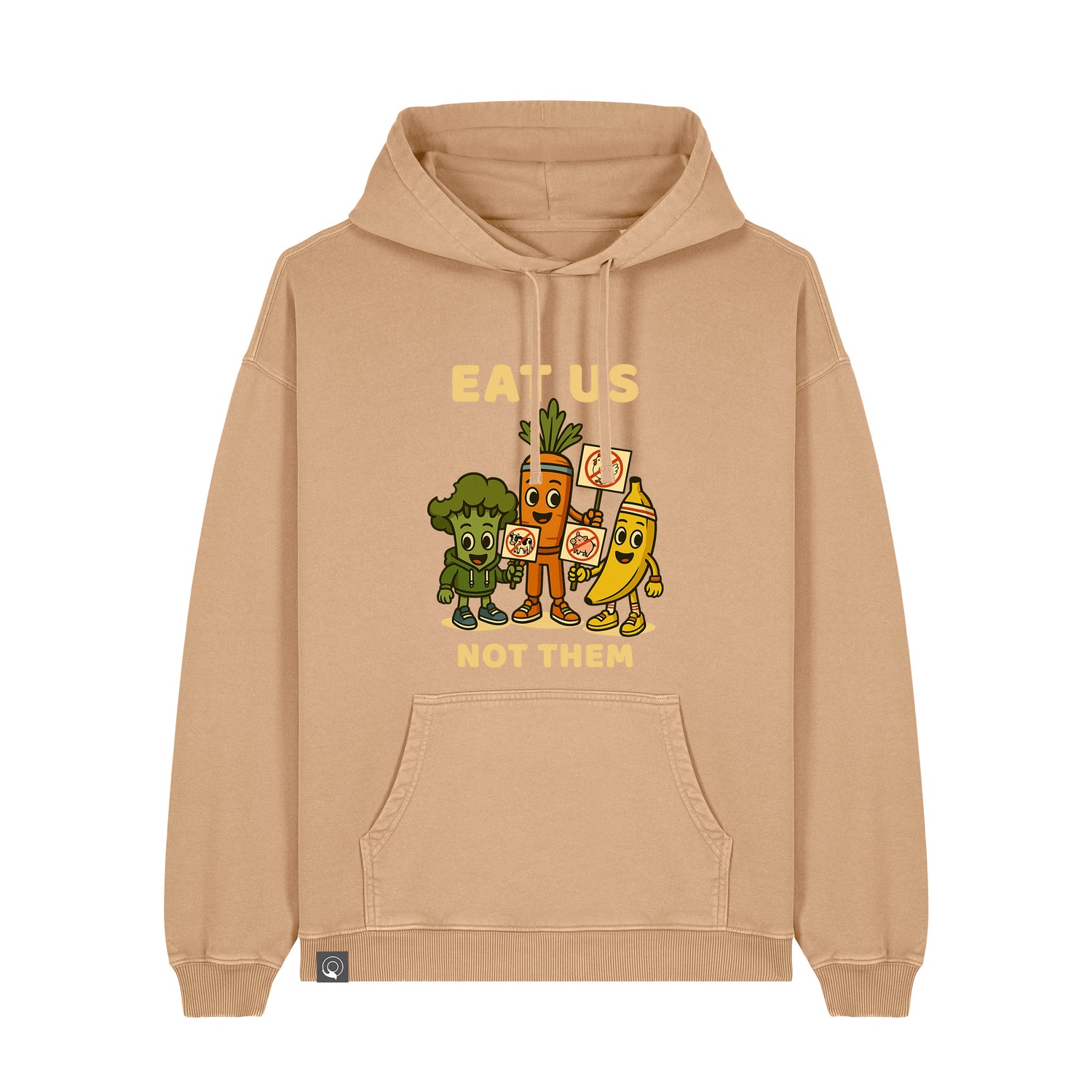 Latte beige NEW WORLD GUARDIANS unisex vegan hoodie featuring the full Roots for Our Future veggie squad in a bold comic-style front print with the slogan “Eat Us Not Them”. Made from 100% organic cotton. Conscious vegan fashion meets sustainable streetwear with a message.
