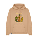 Latte beige NEW WORLD GUARDIANS unisex vegan hoodie featuring the full Roots for Our Future veggie squad in a bold comic-style front print with the slogan “Eat Us Not Them”. Made from 100% organic cotton. Conscious vegan fashion meets sustainable streetwear with a message.