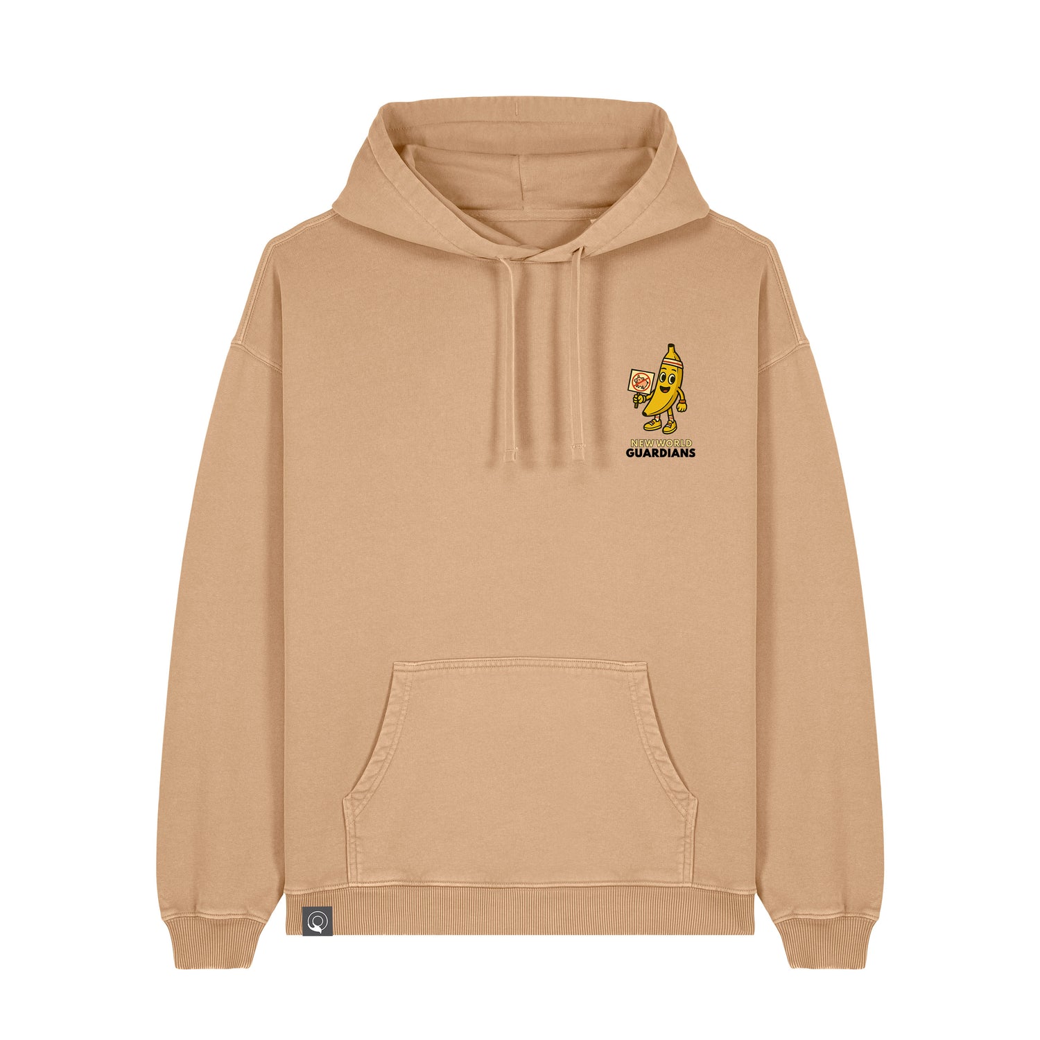 Latte beige NEW WORLD GUARDIANS unisex vegan hoodie featuring Bany the banana in a bold comic-style front print and the full veggie squad on the back. Part of the Roots for Our Future collection. Crafted from 100% organic cotton. Conscious vegan fashion meets sustainable streetwear.